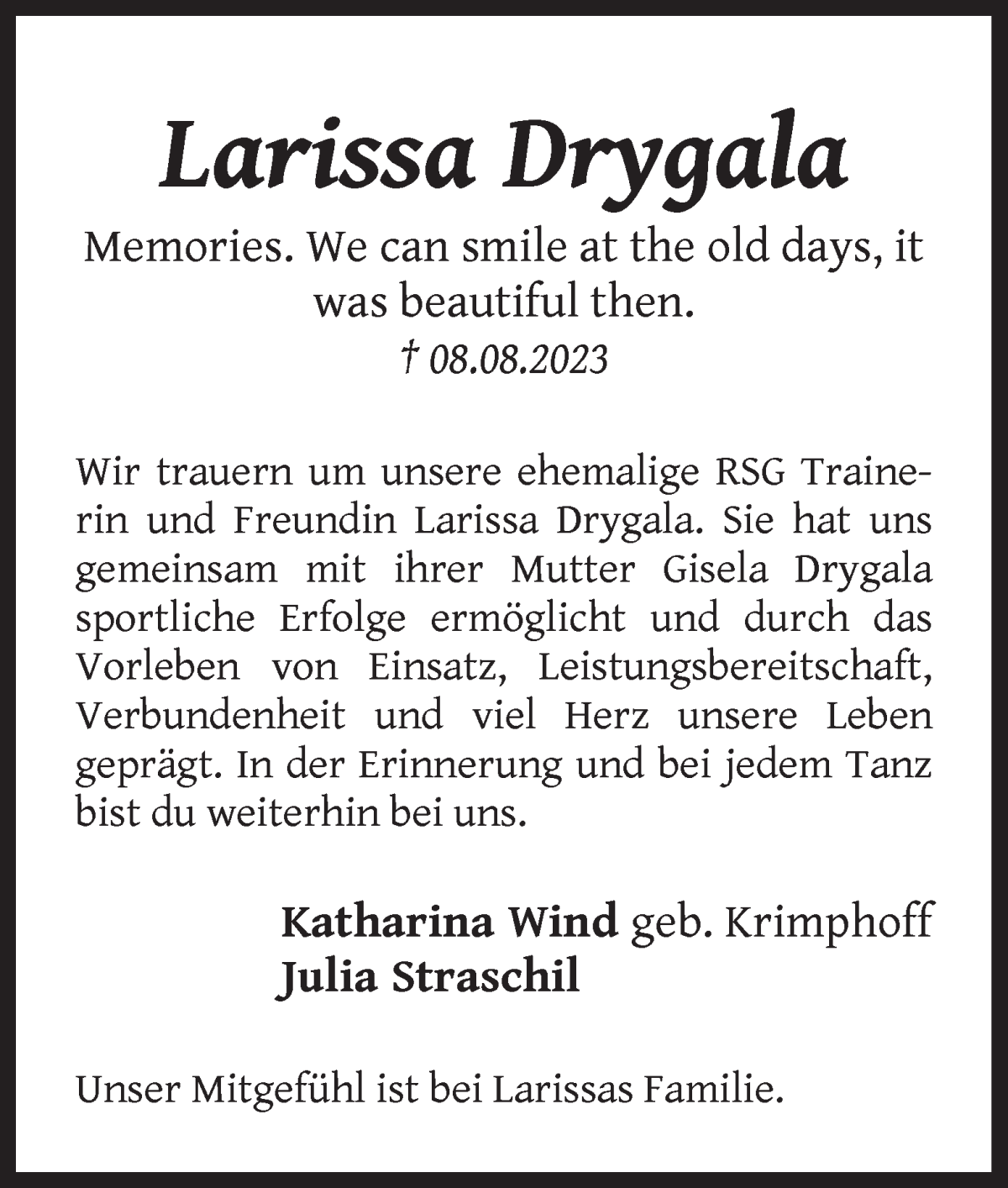 Traueranzeige von Larissa Drygala von WESER-KURIER