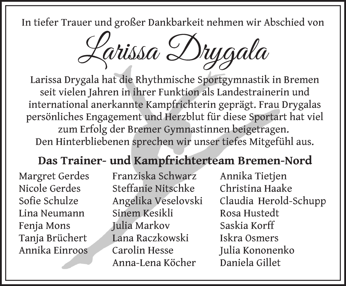 Traueranzeige von Larissa Drygala von WESER-KURIER