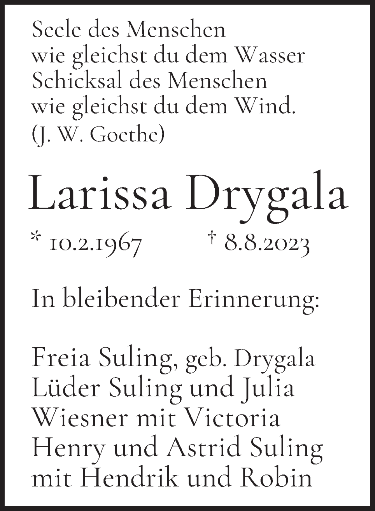 Traueranzeige von Larissa Drygala von WESER-KURIER