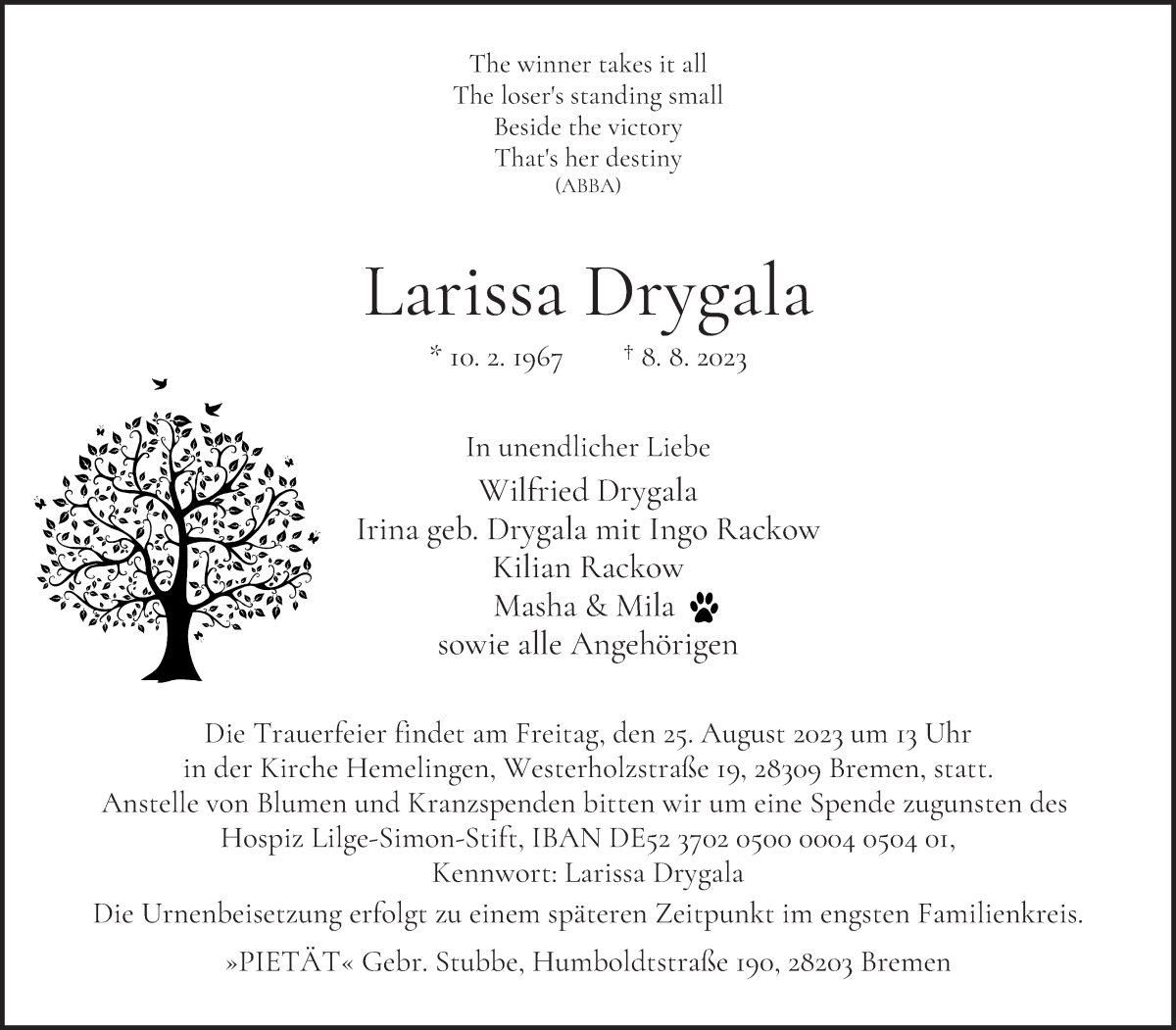 Traueranzeige von Larissa Drygala von WESER-KURIER