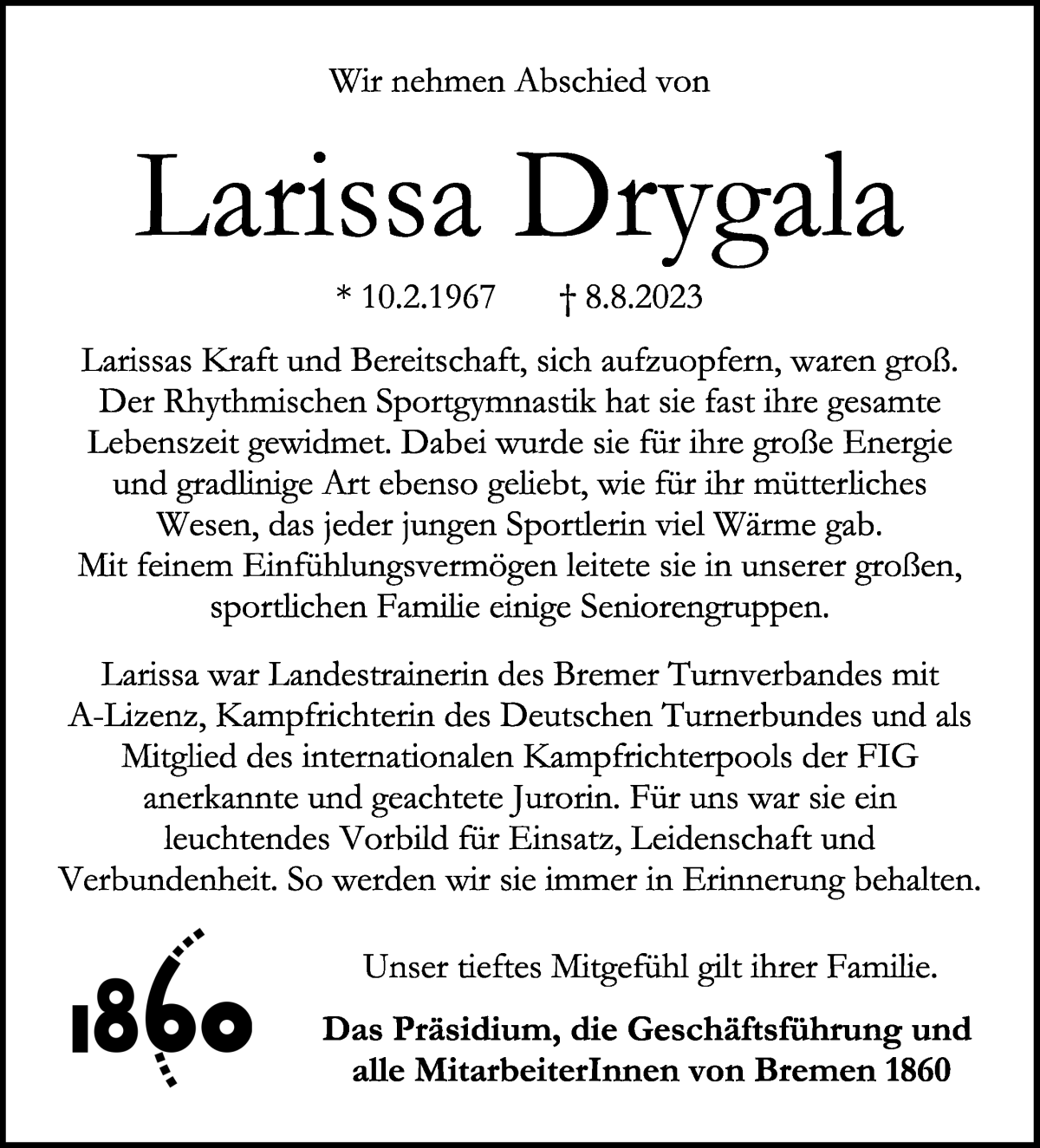 Traueranzeige von Larissa Drygala von WESER-KURIER