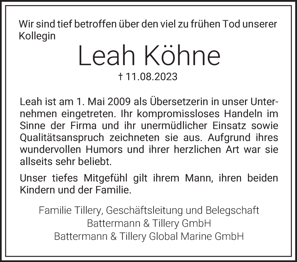 Traueranzeige von Leah Köhne von WESER-KURIER