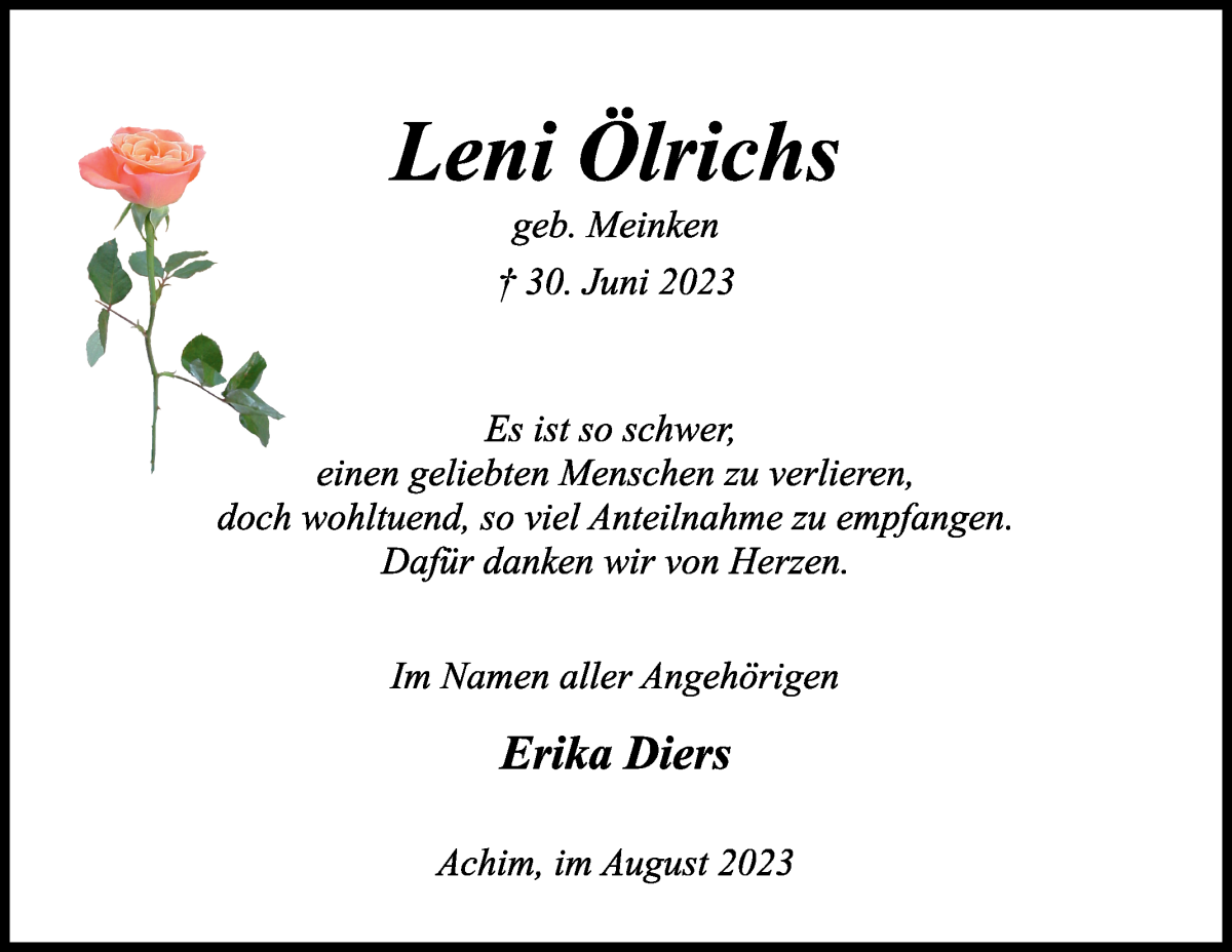 Traueranzeige von Leni Ölrichs von Achimer Kurier/Verdener Nachrichten
