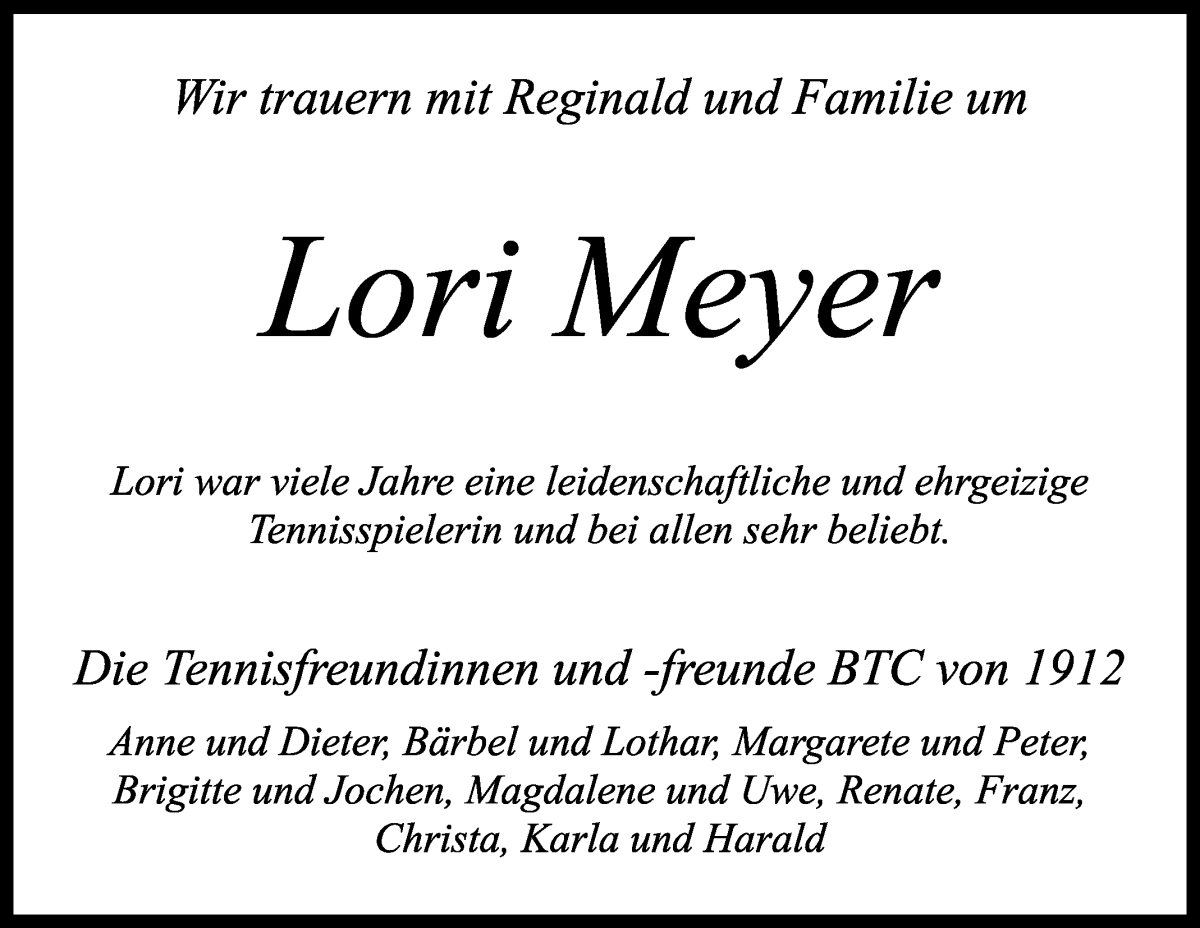 Traueranzeige von Lori Meyer von WESER-KURIER