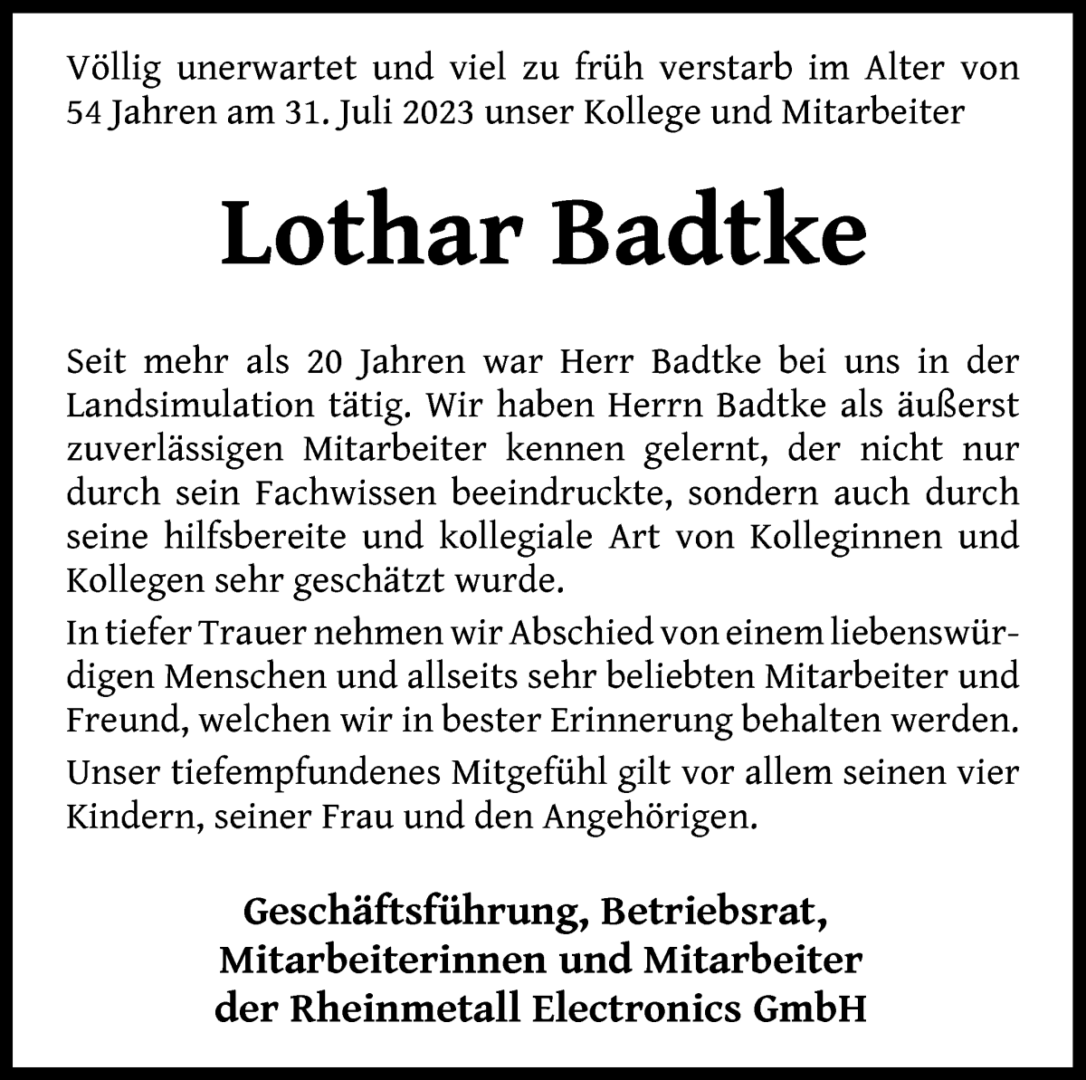 Traueranzeige von Lothar Badtke von WESER-KURIER