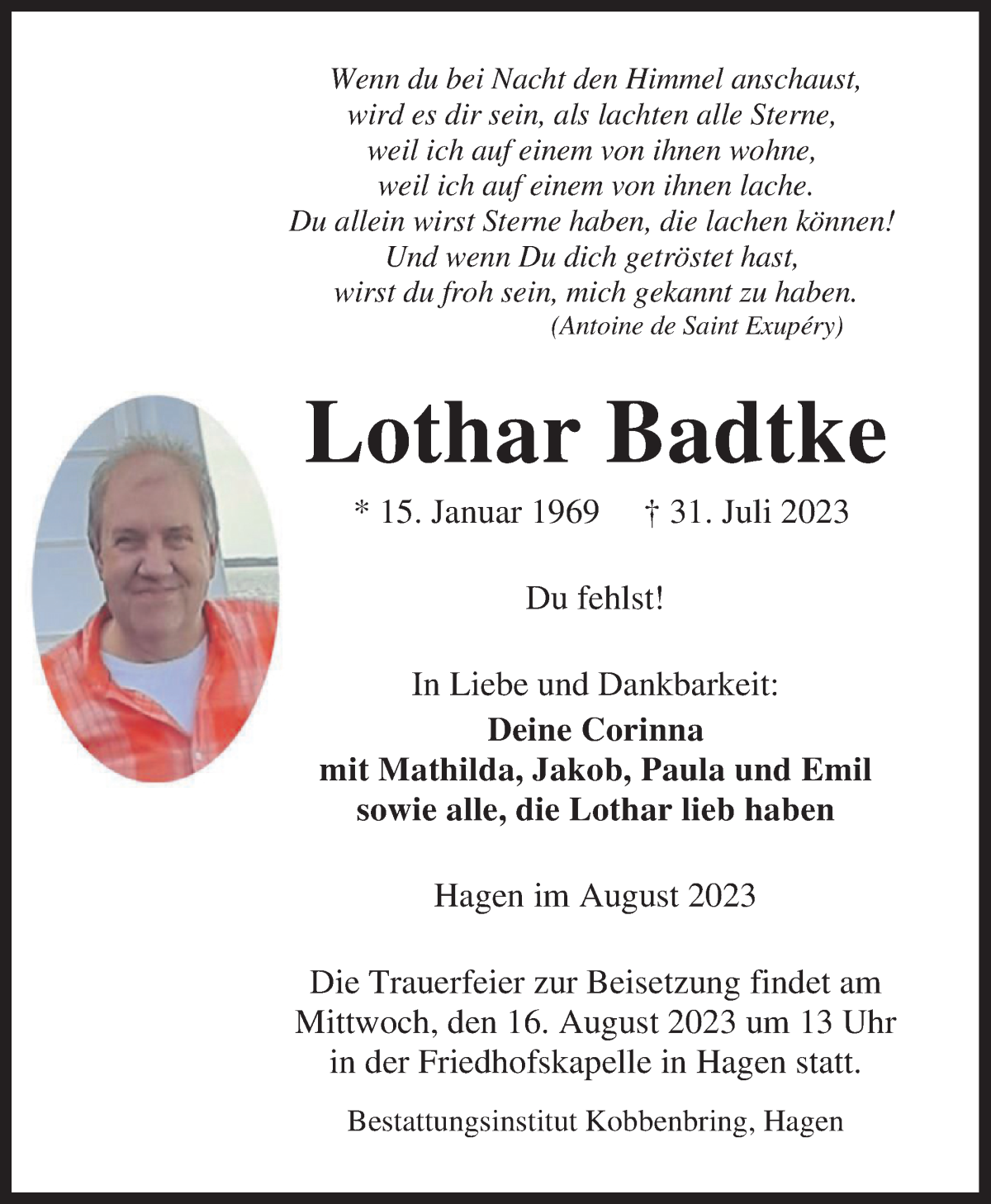 Traueranzeige von Lothar Badtke von WESER-KURIER
