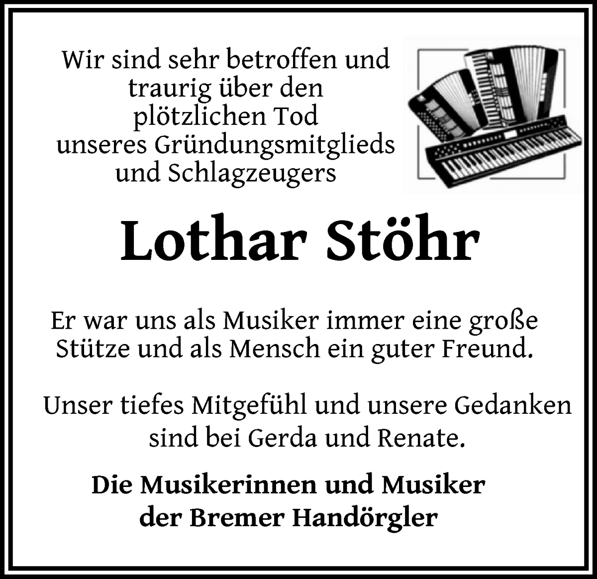 Traueranzeige von Lothar Stöhr von WESER-KURIER