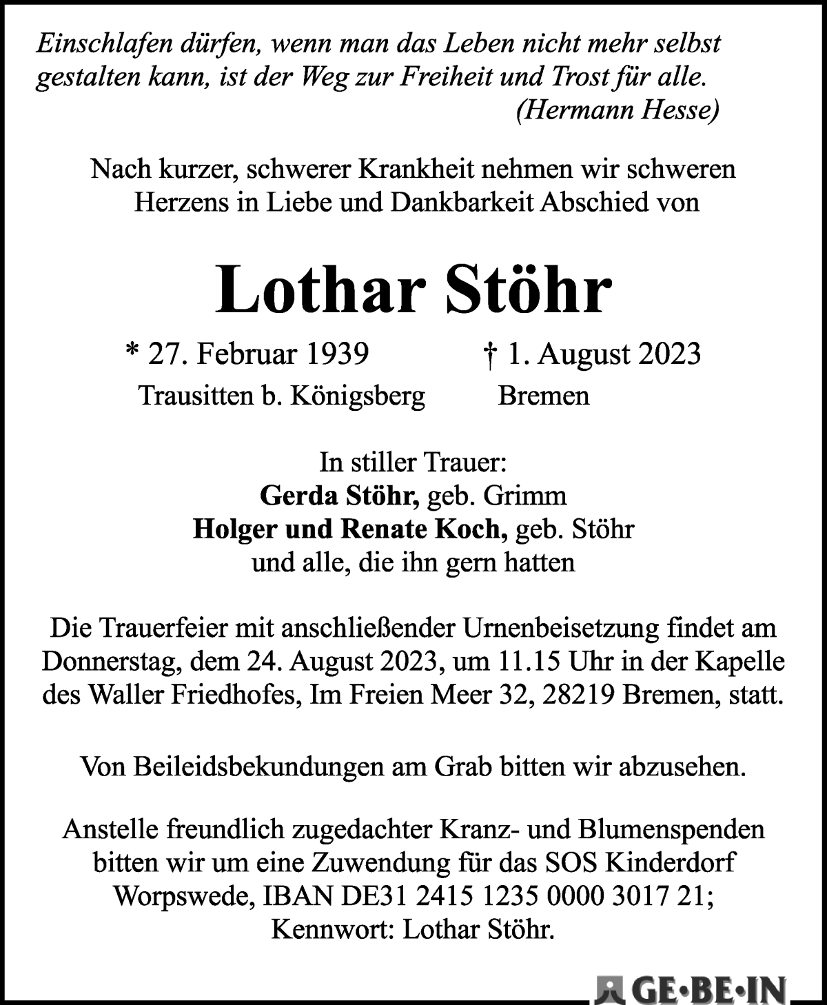 Traueranzeige von Lothar Stöhr von WESER-KURIER