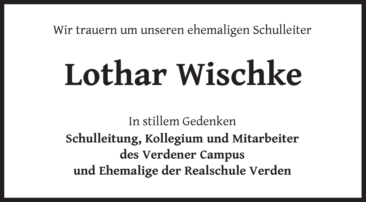 Traueranzeige von Lothar Wischke von Achimer Kurier/Verdener Nachrichten