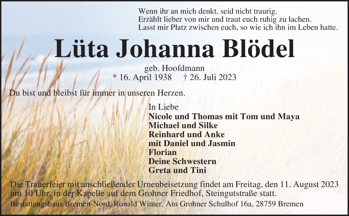 Traueranzeige von Lüta Johanna Blödel von Die Norddeutsche