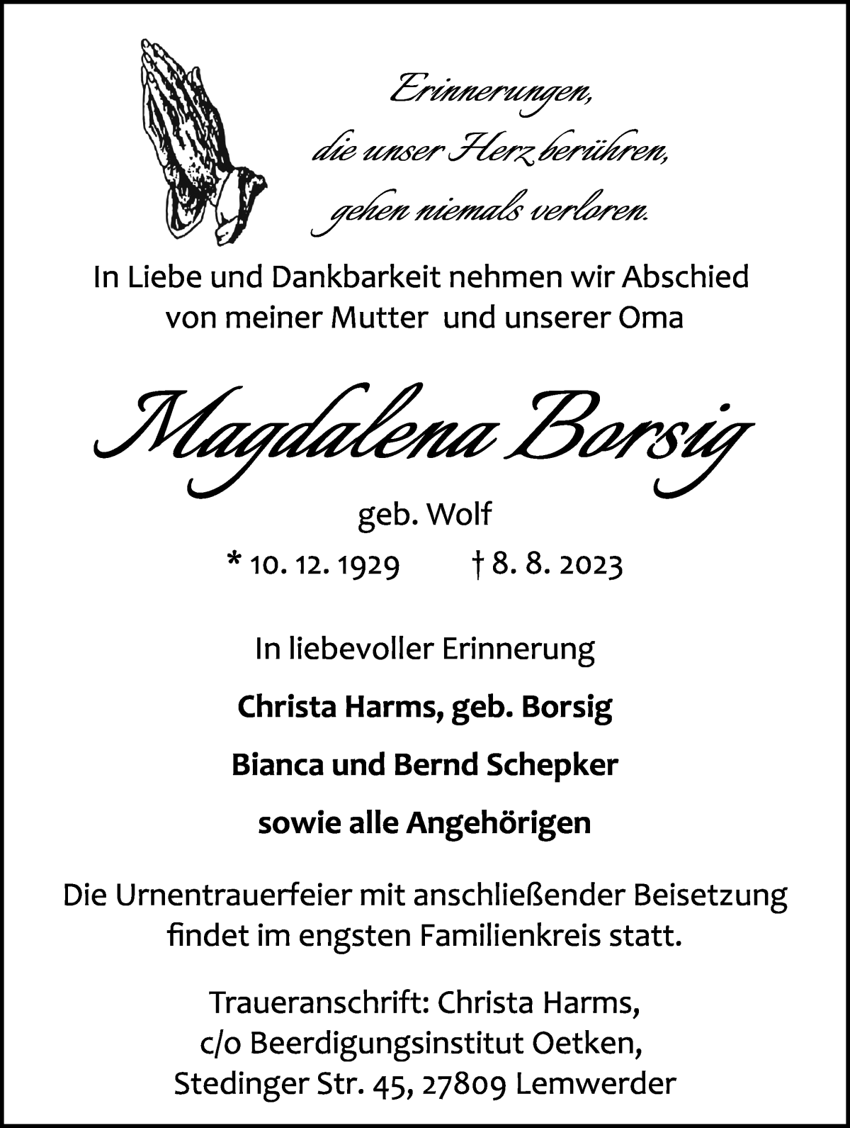 Traueranzeige von Magdalena Borsig von Die Norddeutsche