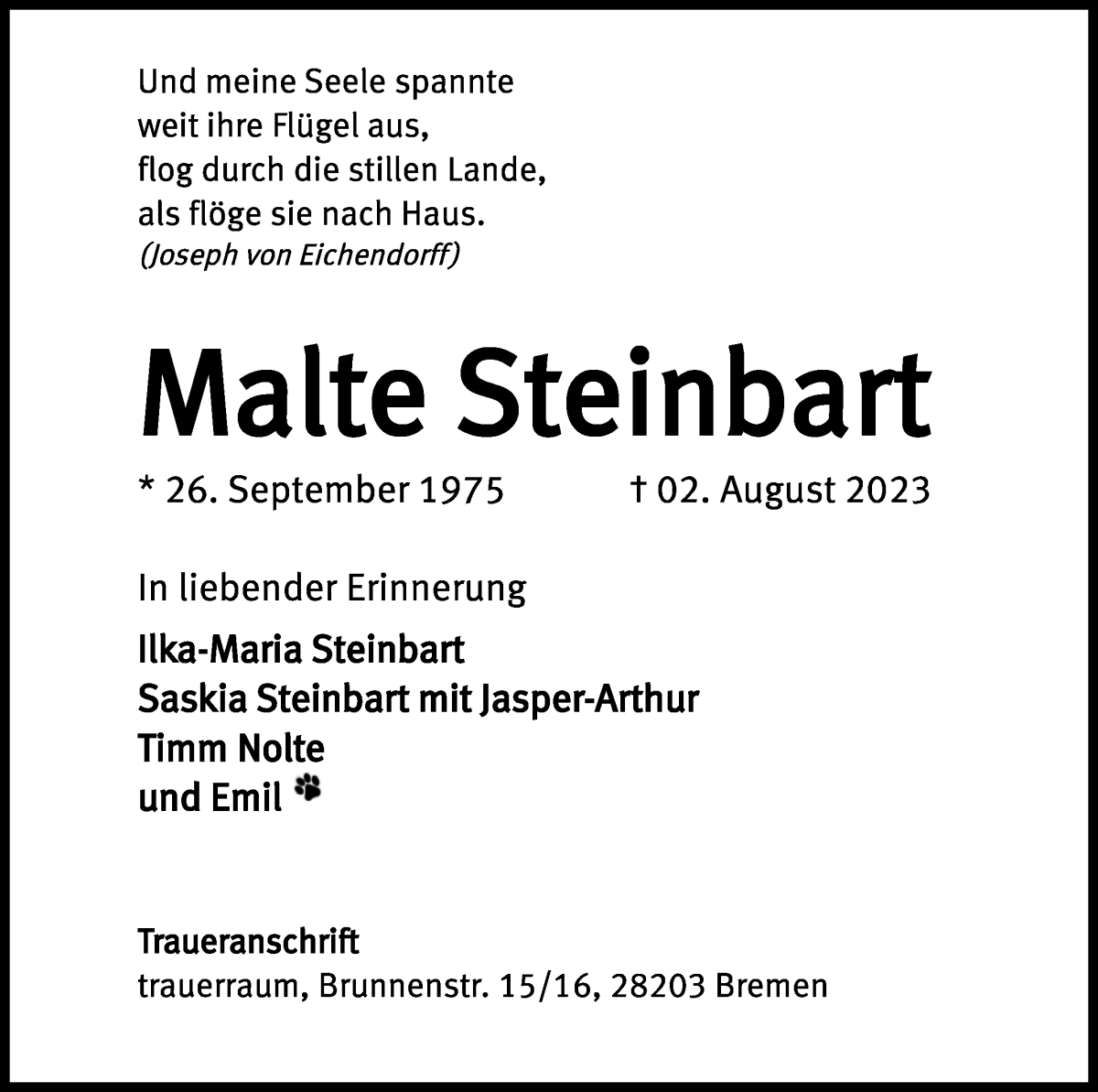 Traueranzeige von Malte Steinbart von WESER-KURIER