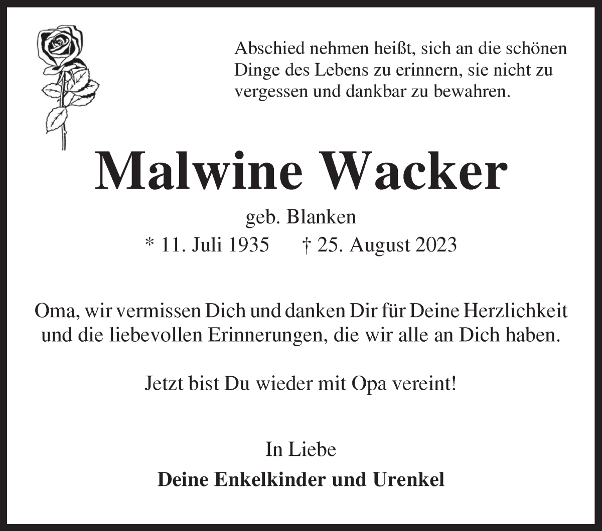 Traueranzeige von Malwine Wacker von Wuemme Zeitung