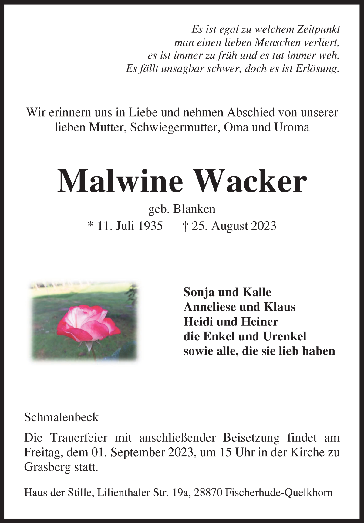 Traueranzeige von Malwine Wacker von Wuemme Zeitung