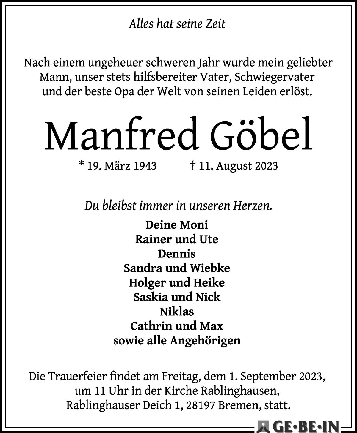 Traueranzeige von Manfred Göbel von WESER-KURIER