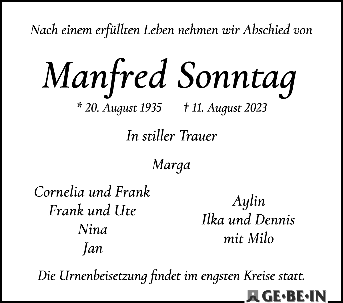 Traueranzeige von Manfred Sonntag von WESER-KURIER
