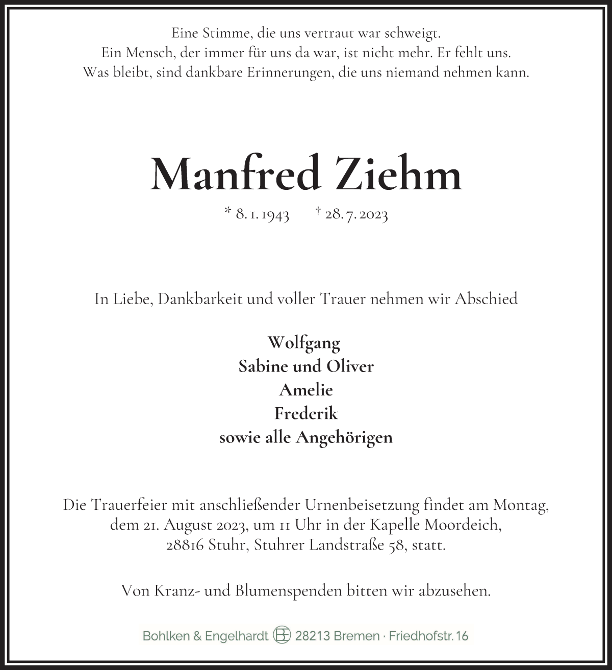 Traueranzeige von Manfred Ziehm von WESER-KURIER