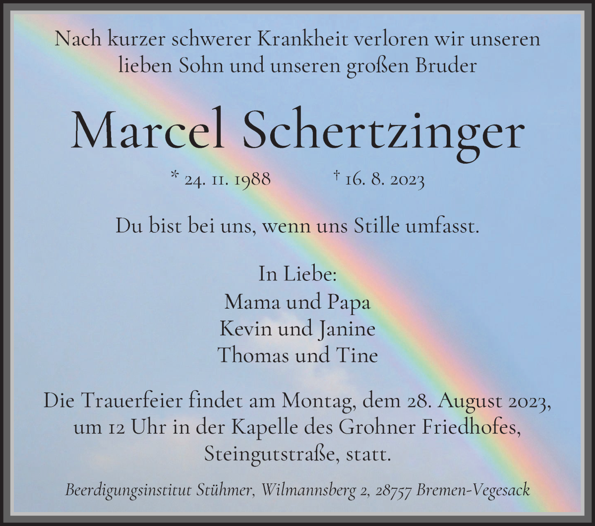 Traueranzeige von Marcel Schertzinger von Die Norddeutsche