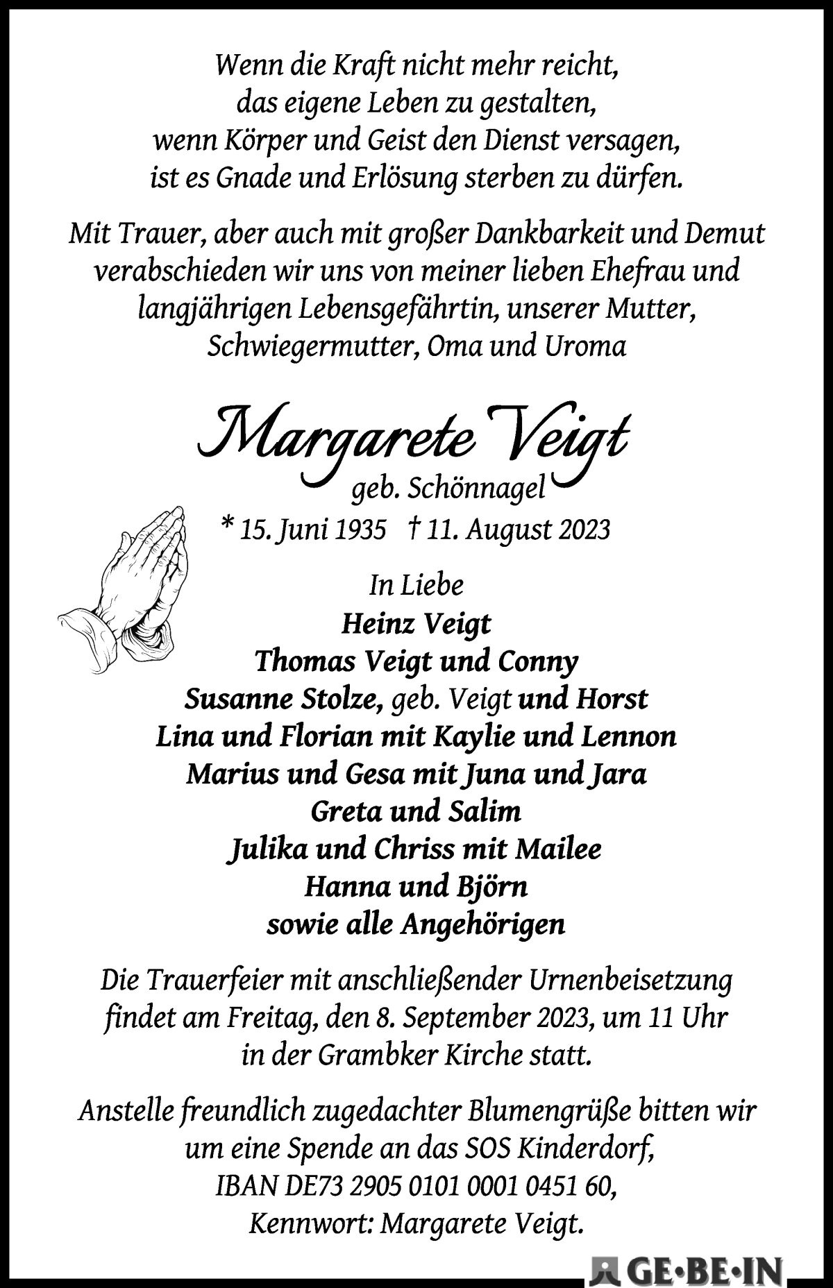 Traueranzeige von Margarete Veigt von WESER-KURIER
