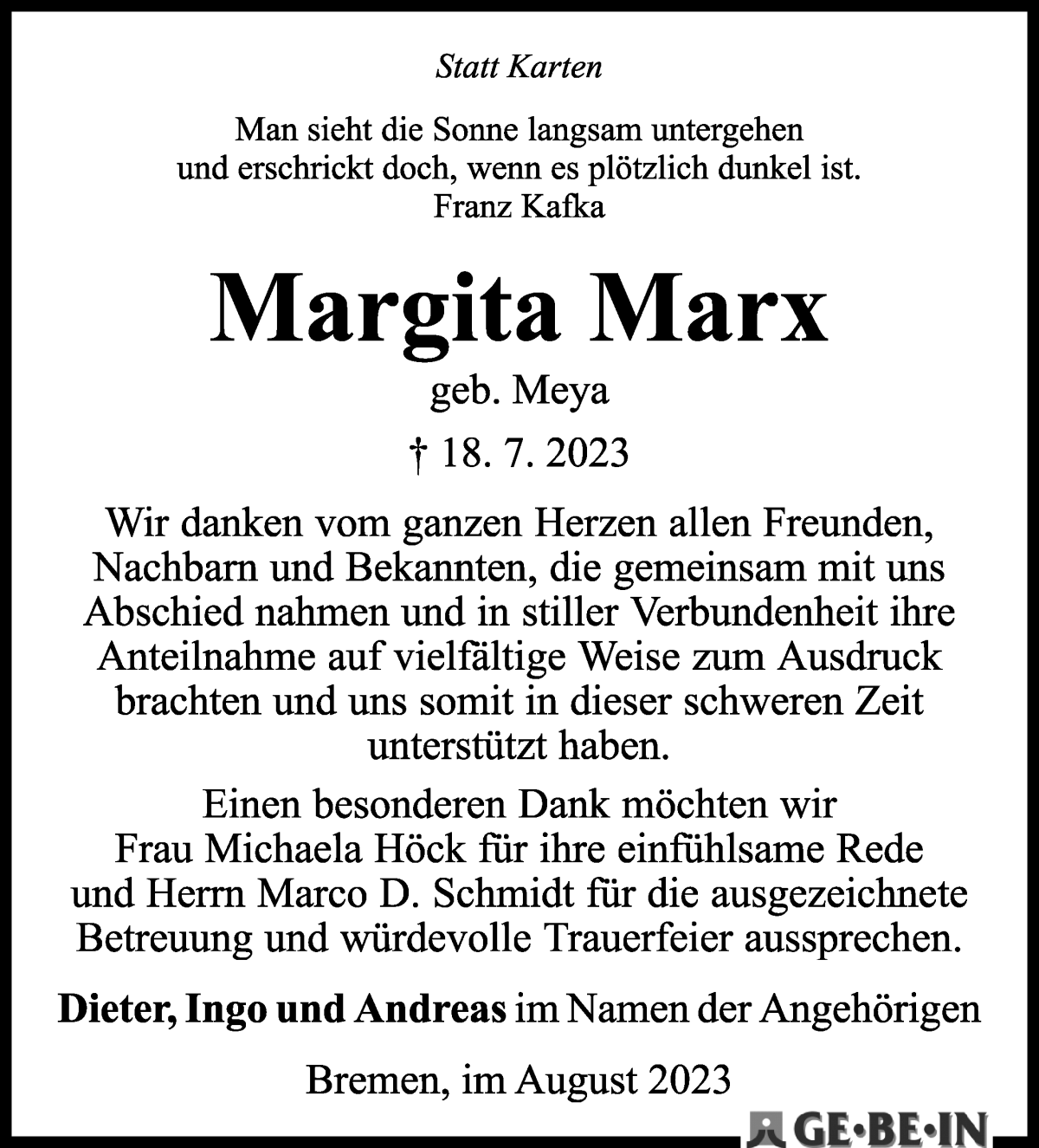 Traueranzeige von Margit Marx von WESER-KURIER