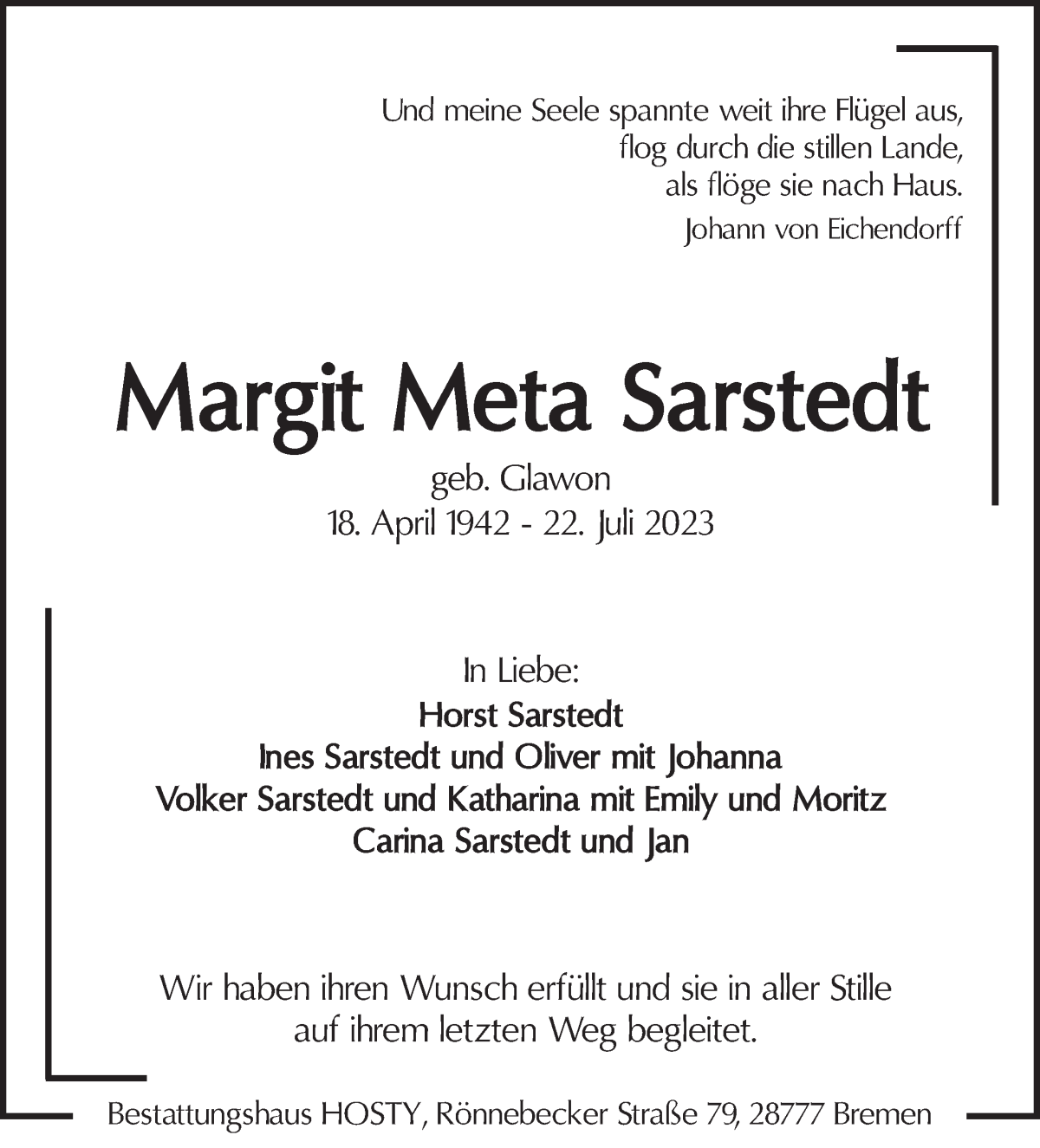 Traueranzeige von Margit-Meta Sarstedt von Die Norddeutsche