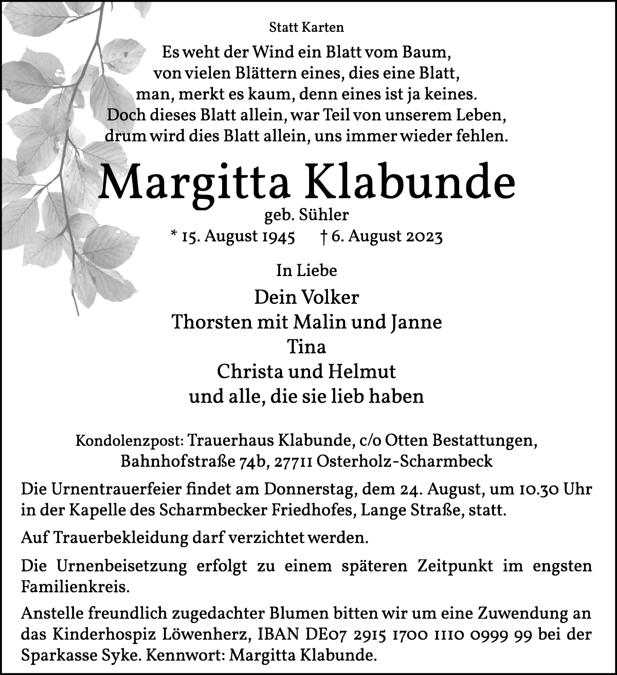 Traueranzeige von Margitta Klabunde von Osterholzer Kreisblatt