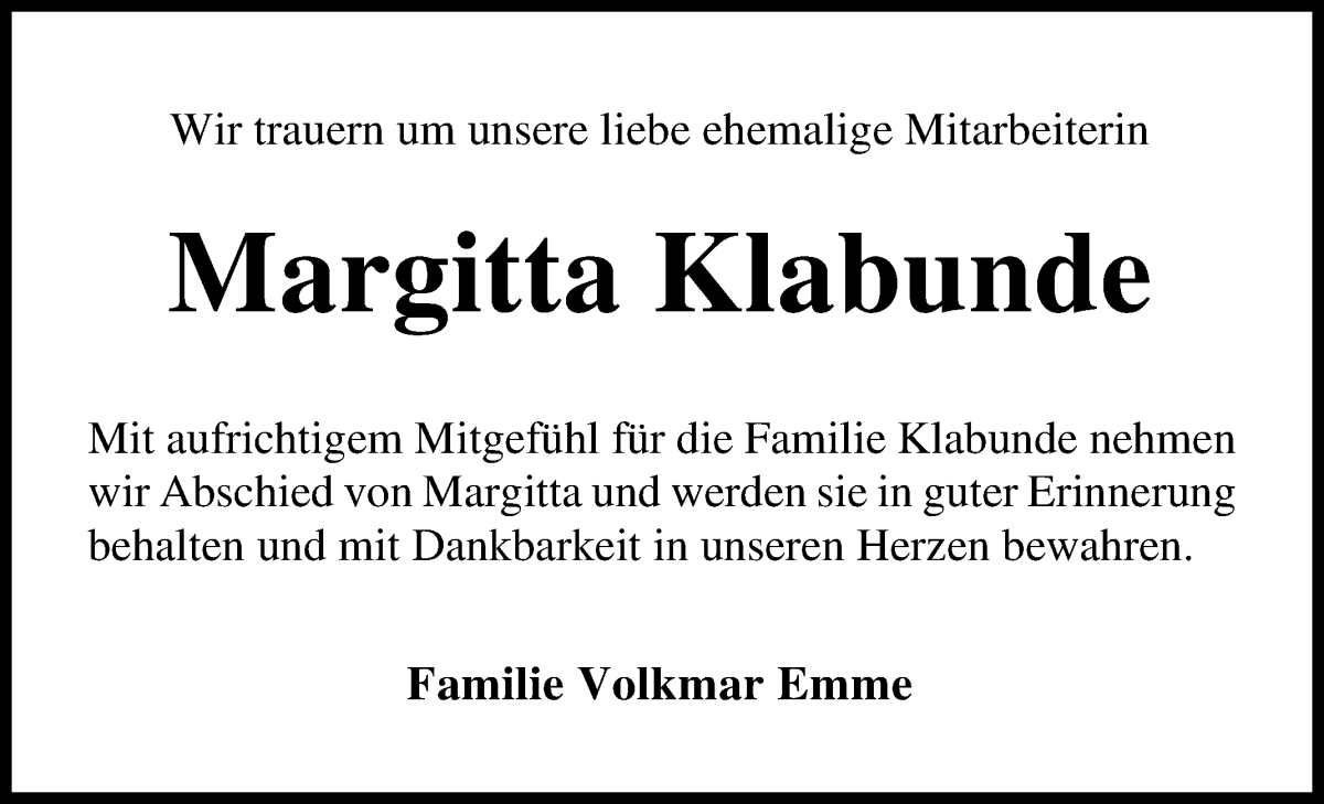 Traueranzeige von Margitta Klabunde von Osterholzer Kreisblatt