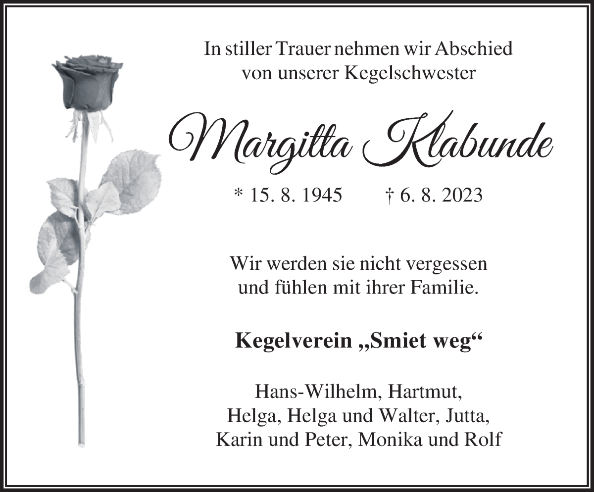 Traueranzeige von Margitta Klabunde von Osterholzer Kreisblatt