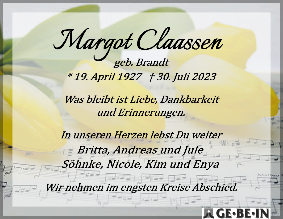 Traueranzeige von Margot Claassen von Die Norddeutsche