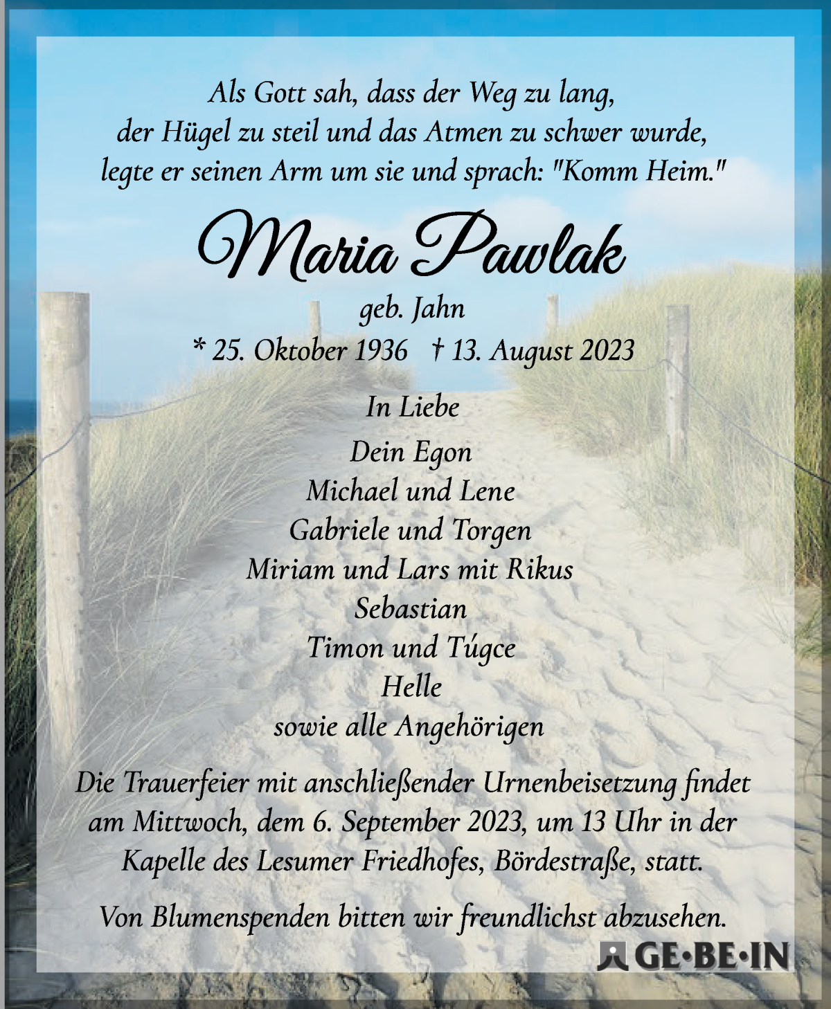 Traueranzeige von Maria Pawlak von Die Norddeutsche