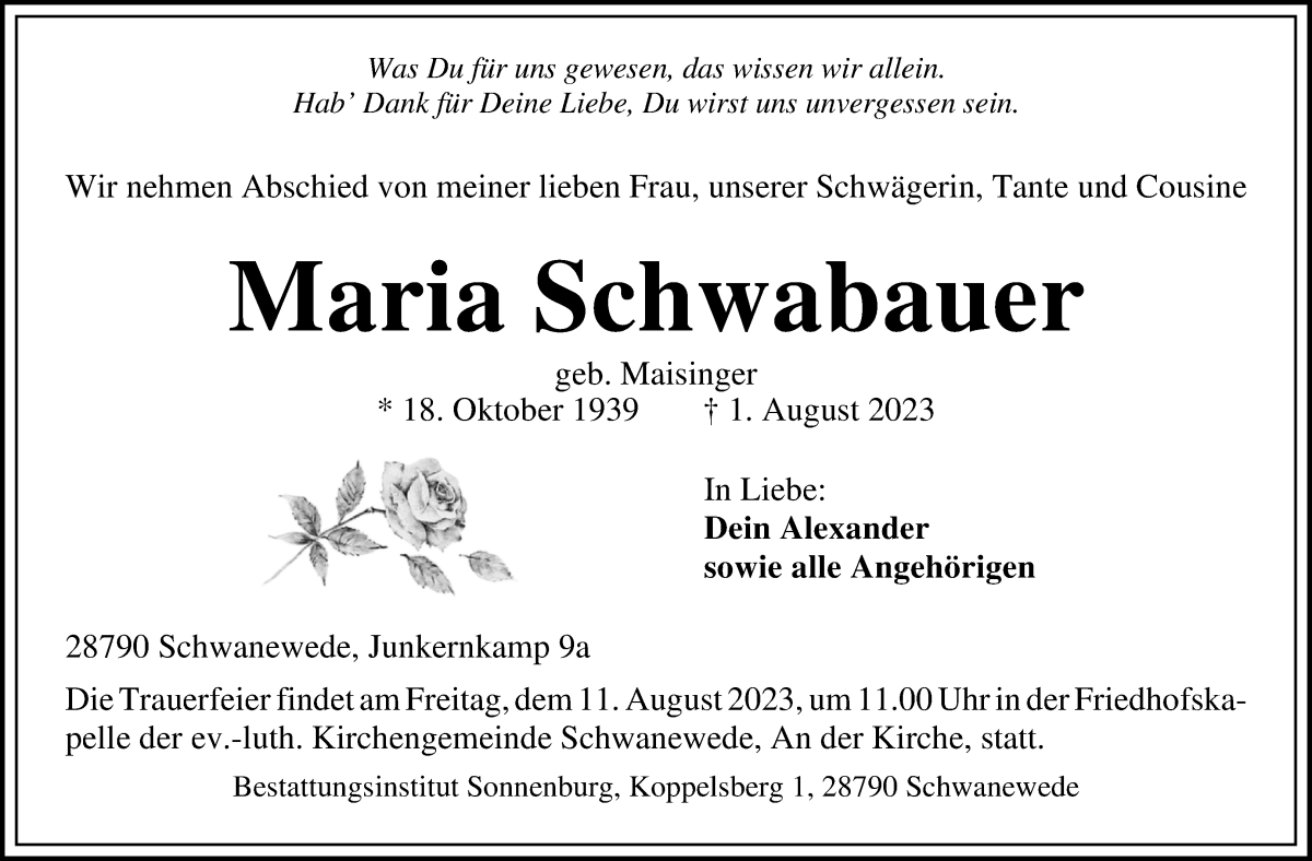Traueranzeige von Maria Schwabauer von Die Norddeutsche