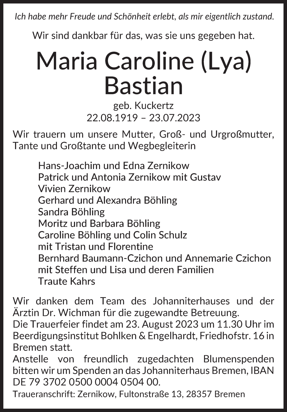 Traueranzeige von Maria Caroline Bastian von WESER-KURIER