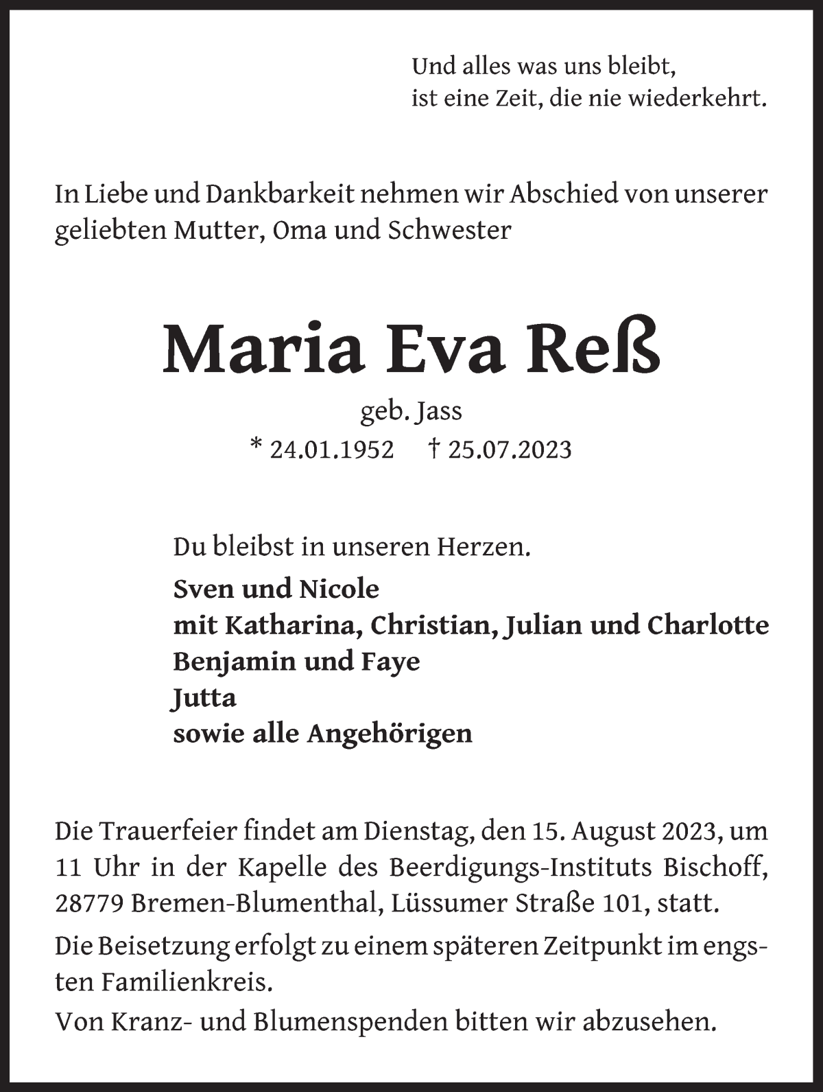 Traueranzeige von Maria Eva Reß von Die Norddeutsche