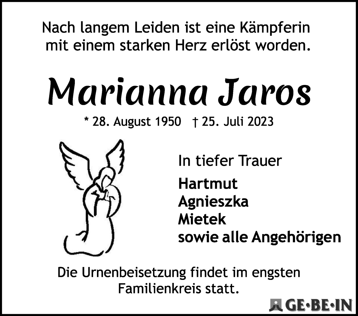 Traueranzeige von Marianna Jaros von WESER-KURIER