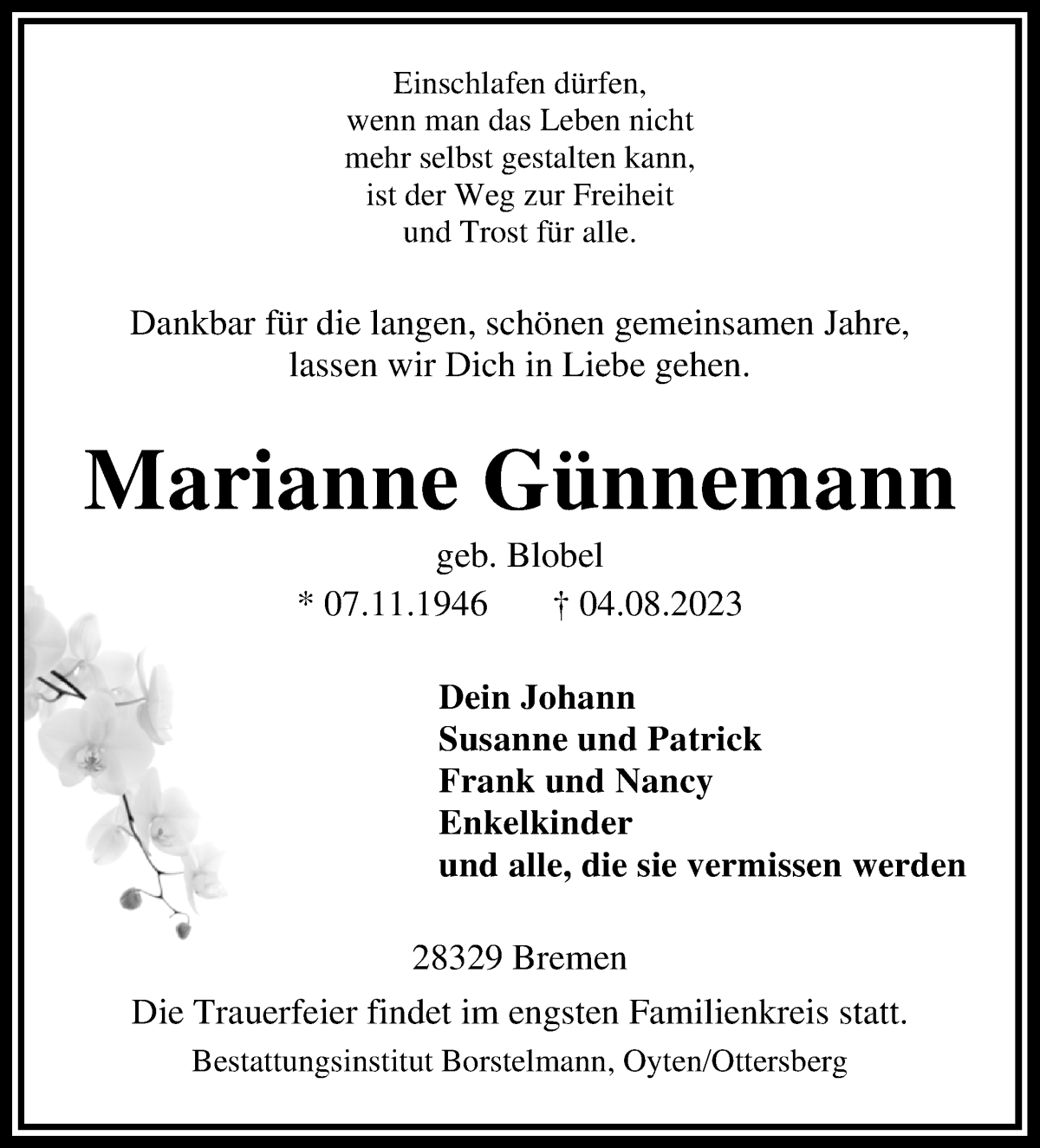Traueranzeige von Marianne Günnemann von WESER-KURIER