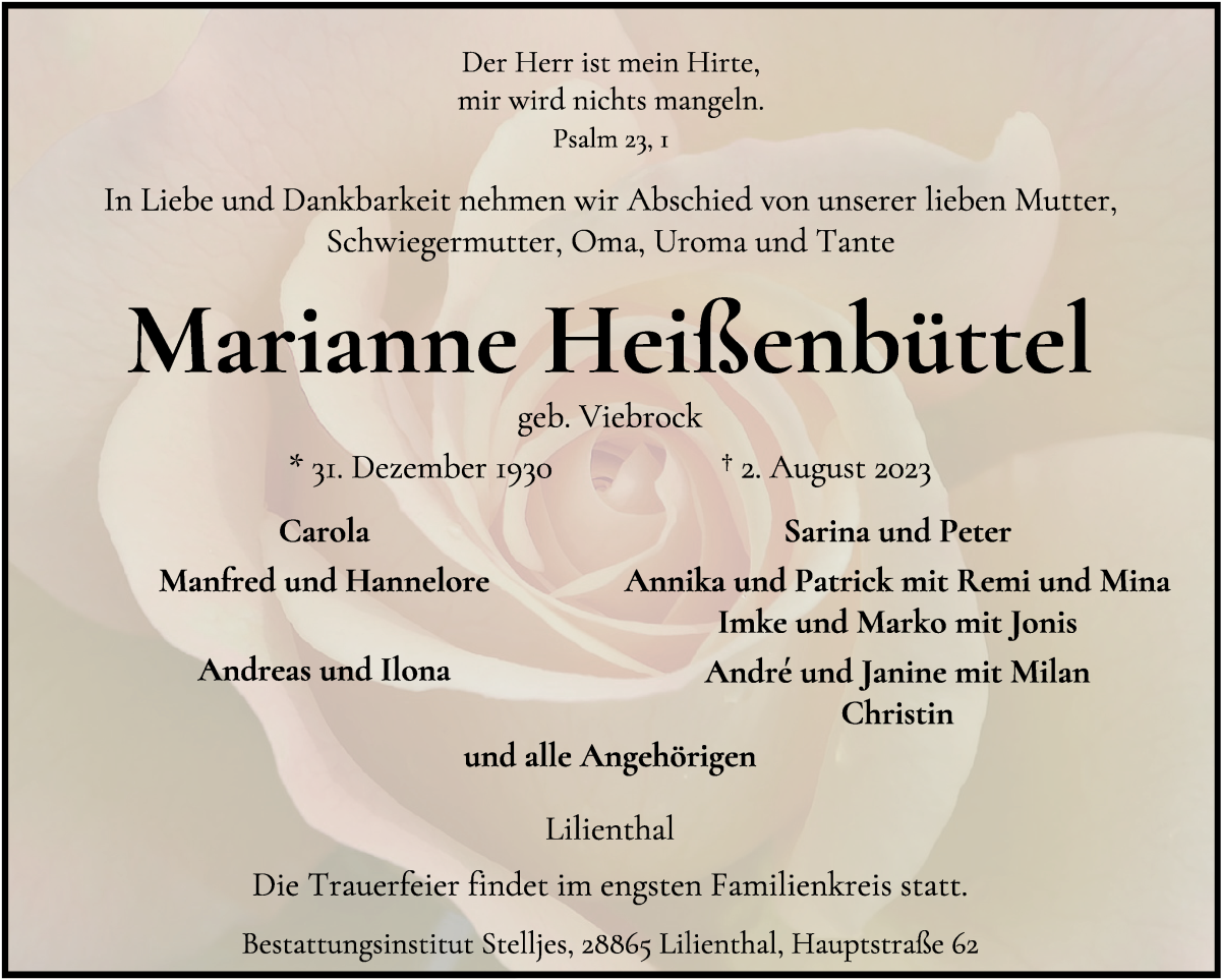 Traueranzeige von Marianne Heißenbüttel von Wuemme Zeitung