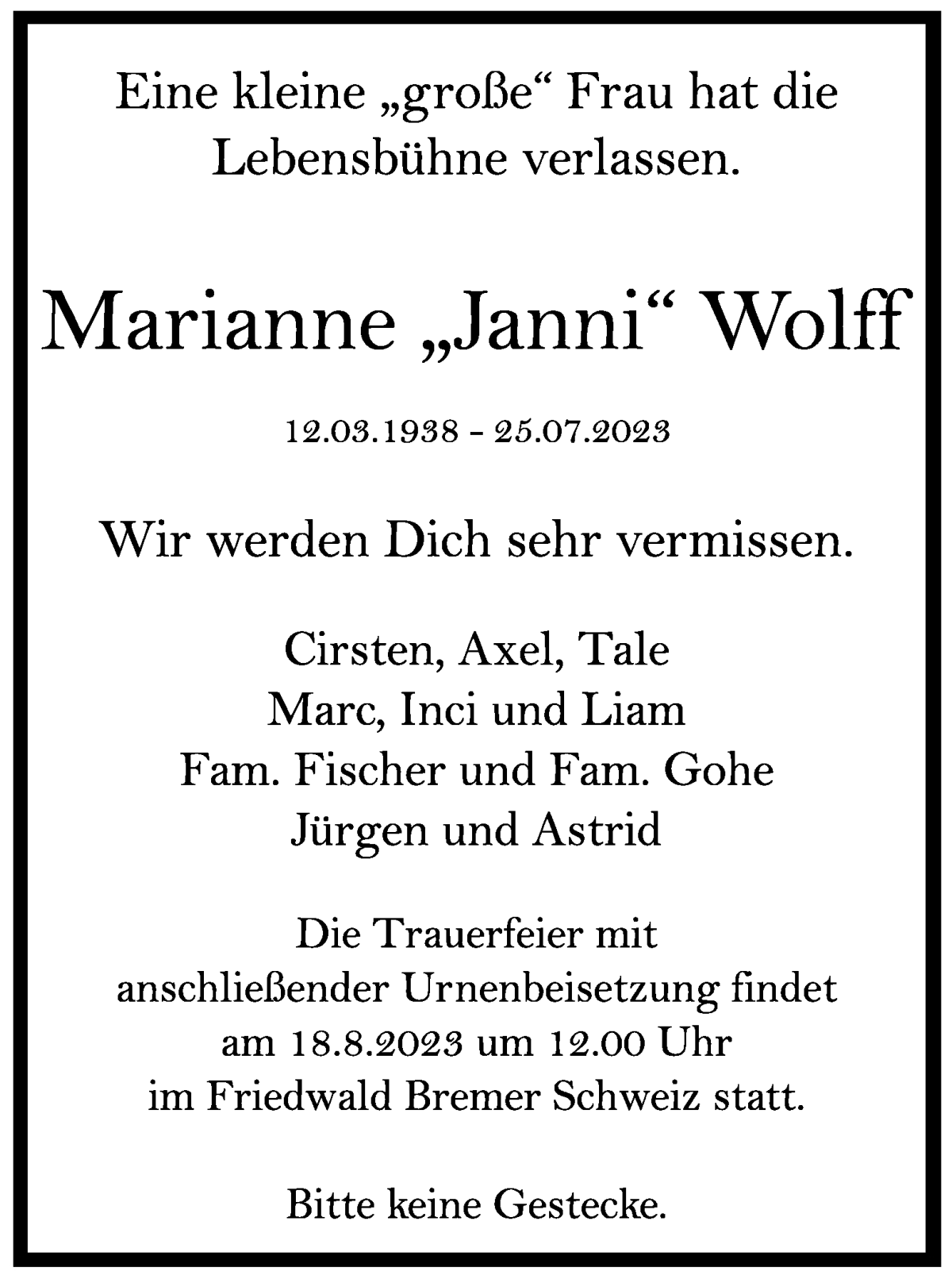 Traueranzeige von Marianne Janni Wolff von WESER-KURIER