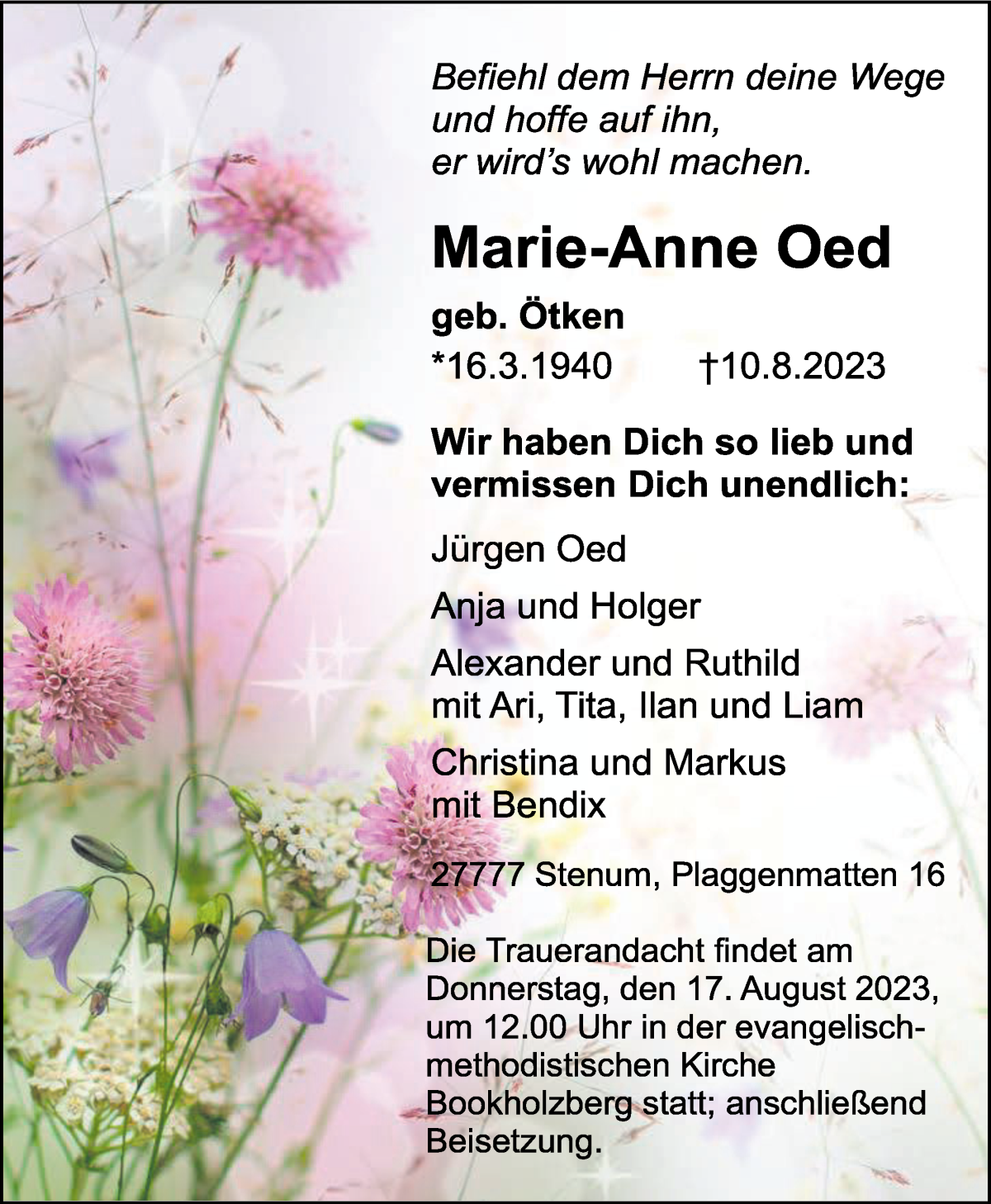 Traueranzeige von Marie-Anne Oed von WESER-KURIER