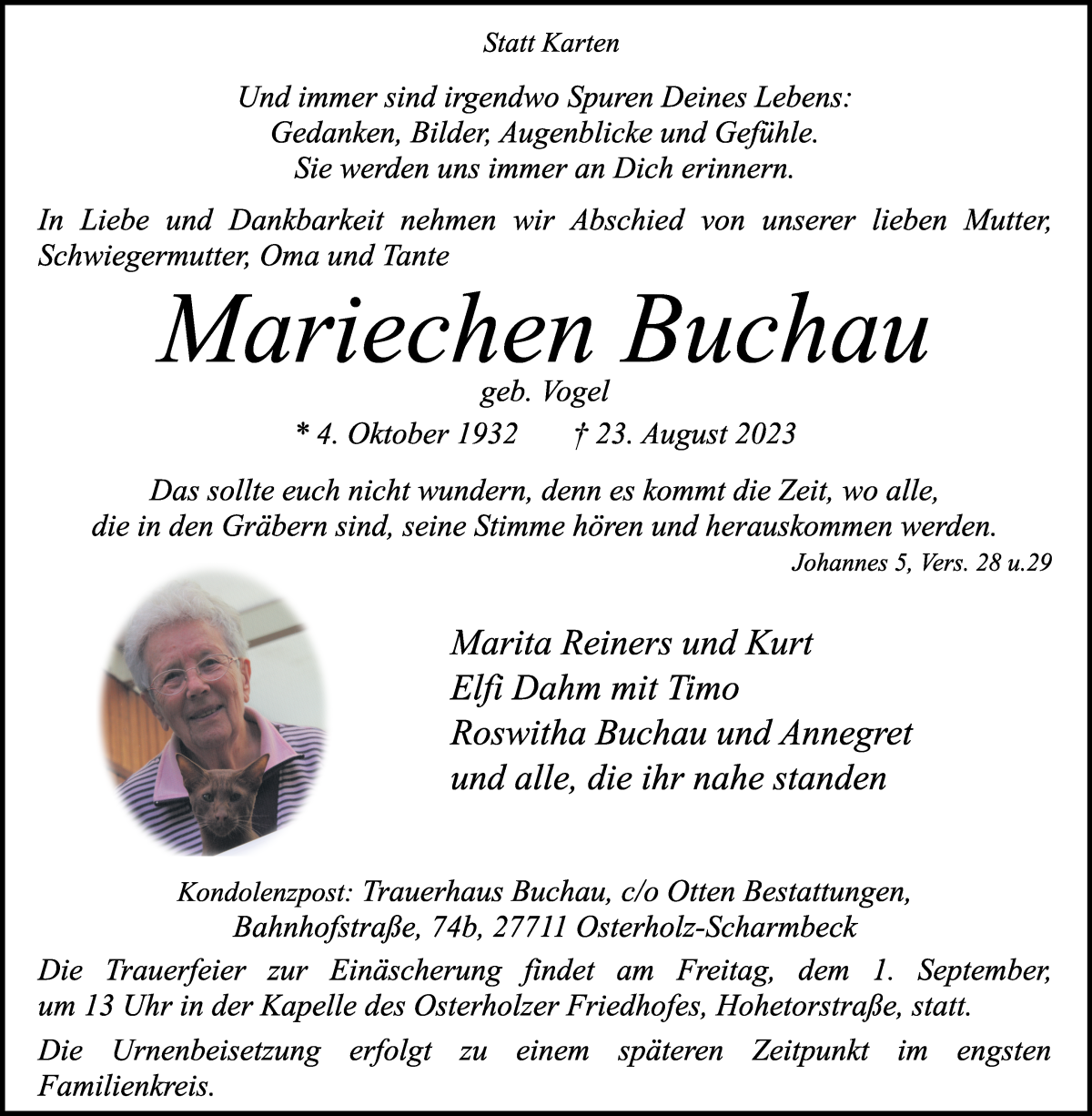 Traueranzeige von Mariechen Buchau von Osterholzer Kreisblatt