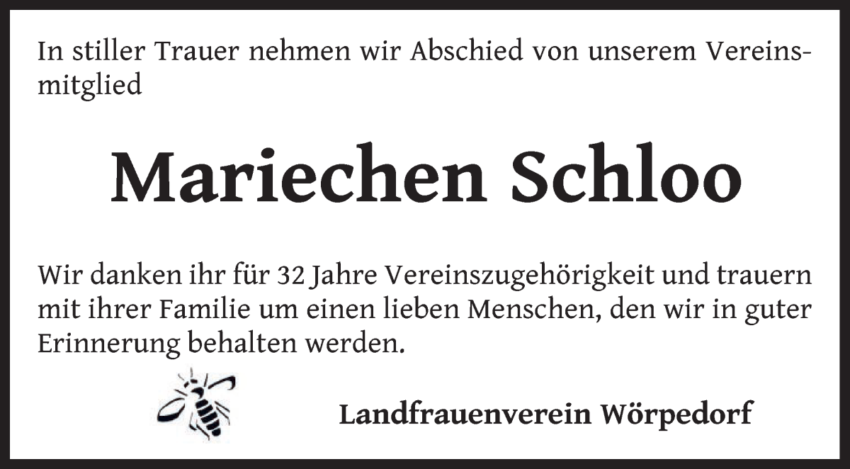 Traueranzeige von Mariechen Schloo von Wuemme Zeitung