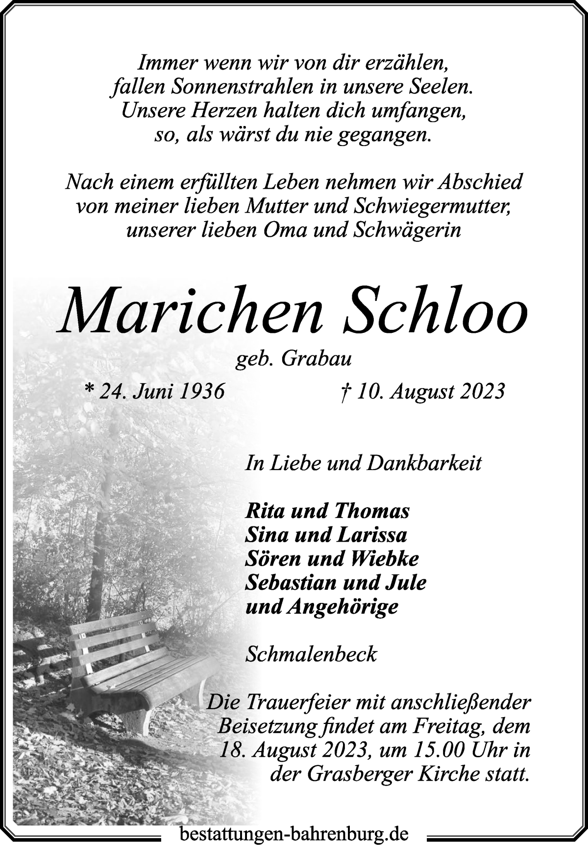 Traueranzeige von Mariechen Schloo von Wuemme Zeitung
