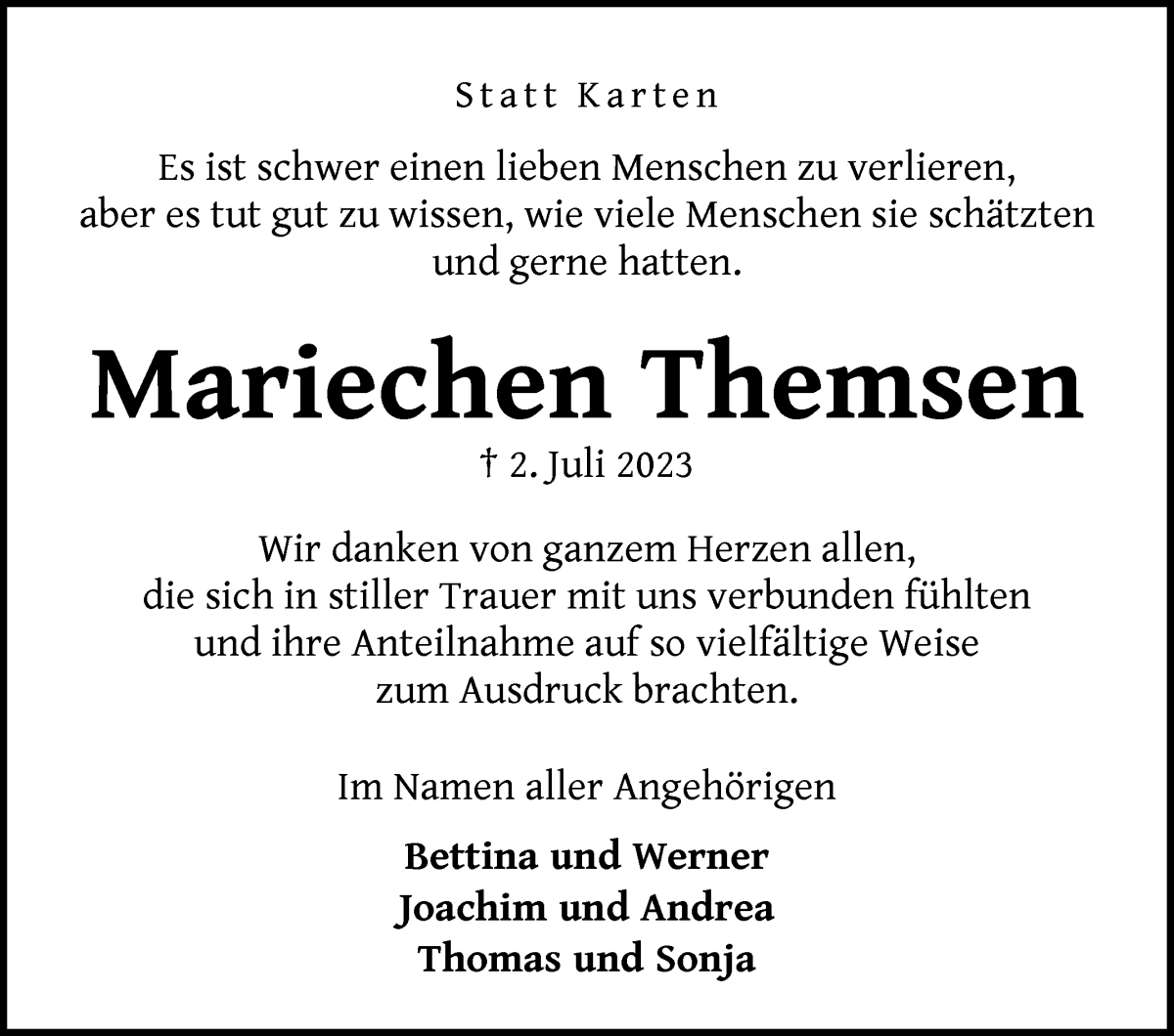 Traueranzeige von Mariechen Themsen von Wuemme Zeitung