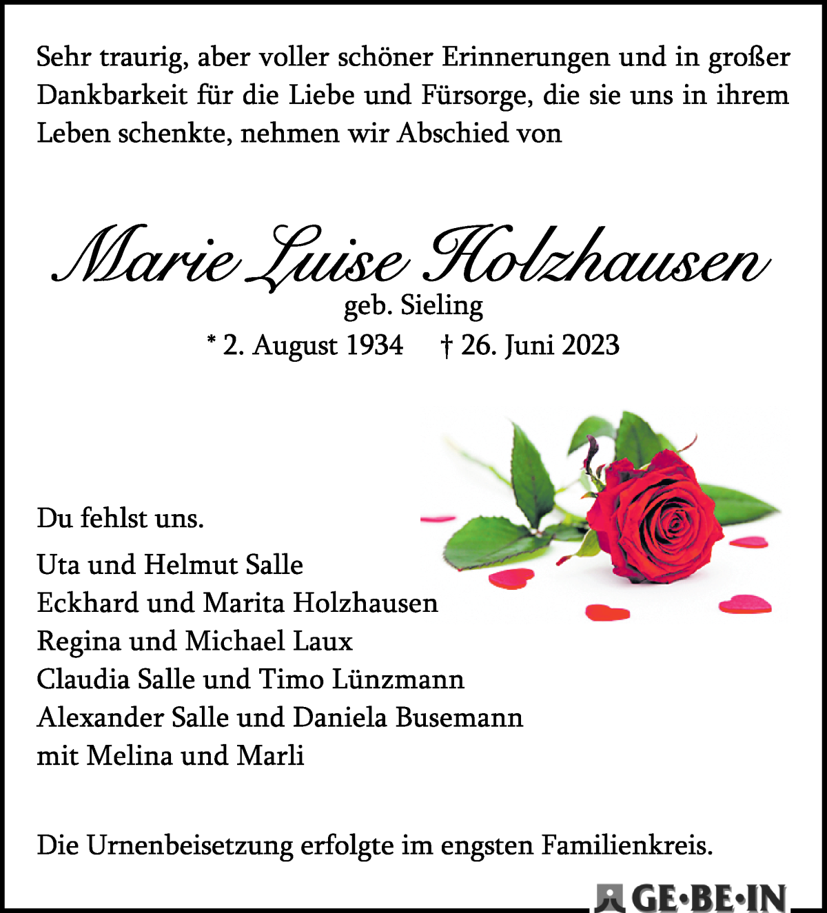 Traueranzeige von Marie Luise Holzhausen von WESER-KURIER