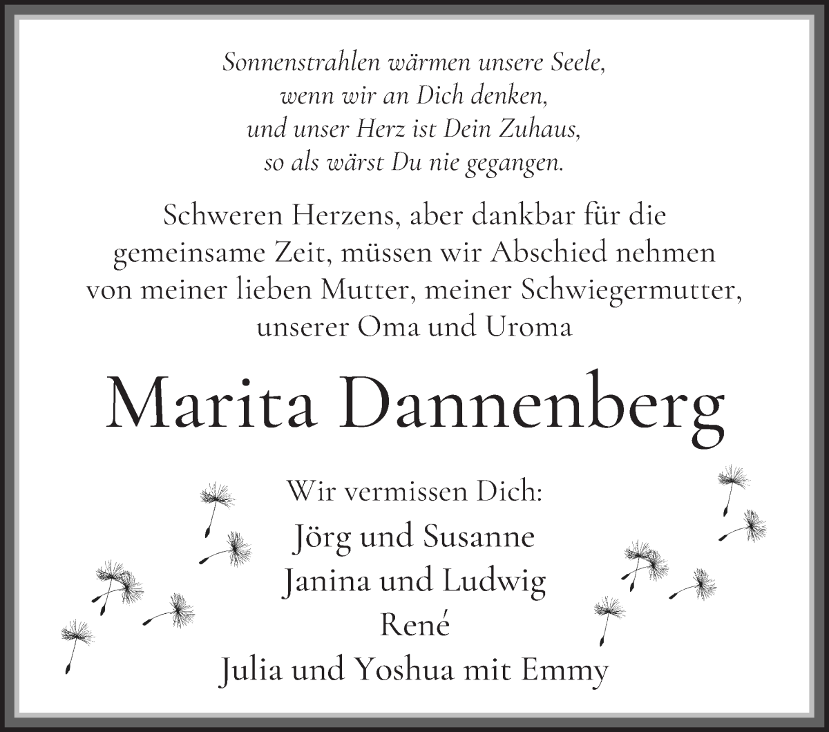 Traueranzeige von Marita Dannenberg von Die Norddeutsche