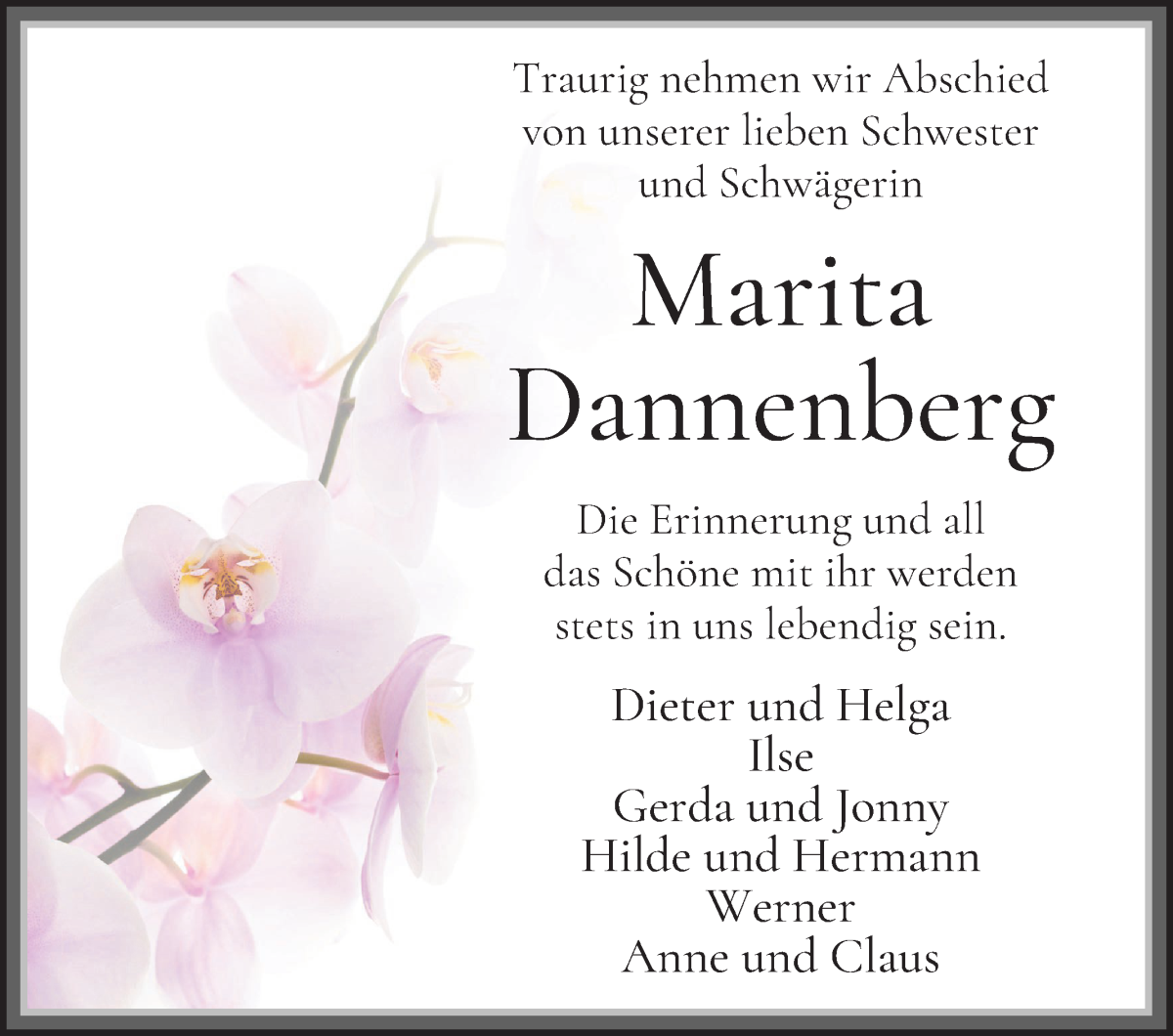 Traueranzeige von Marita Dannenberg von Die Norddeutsche