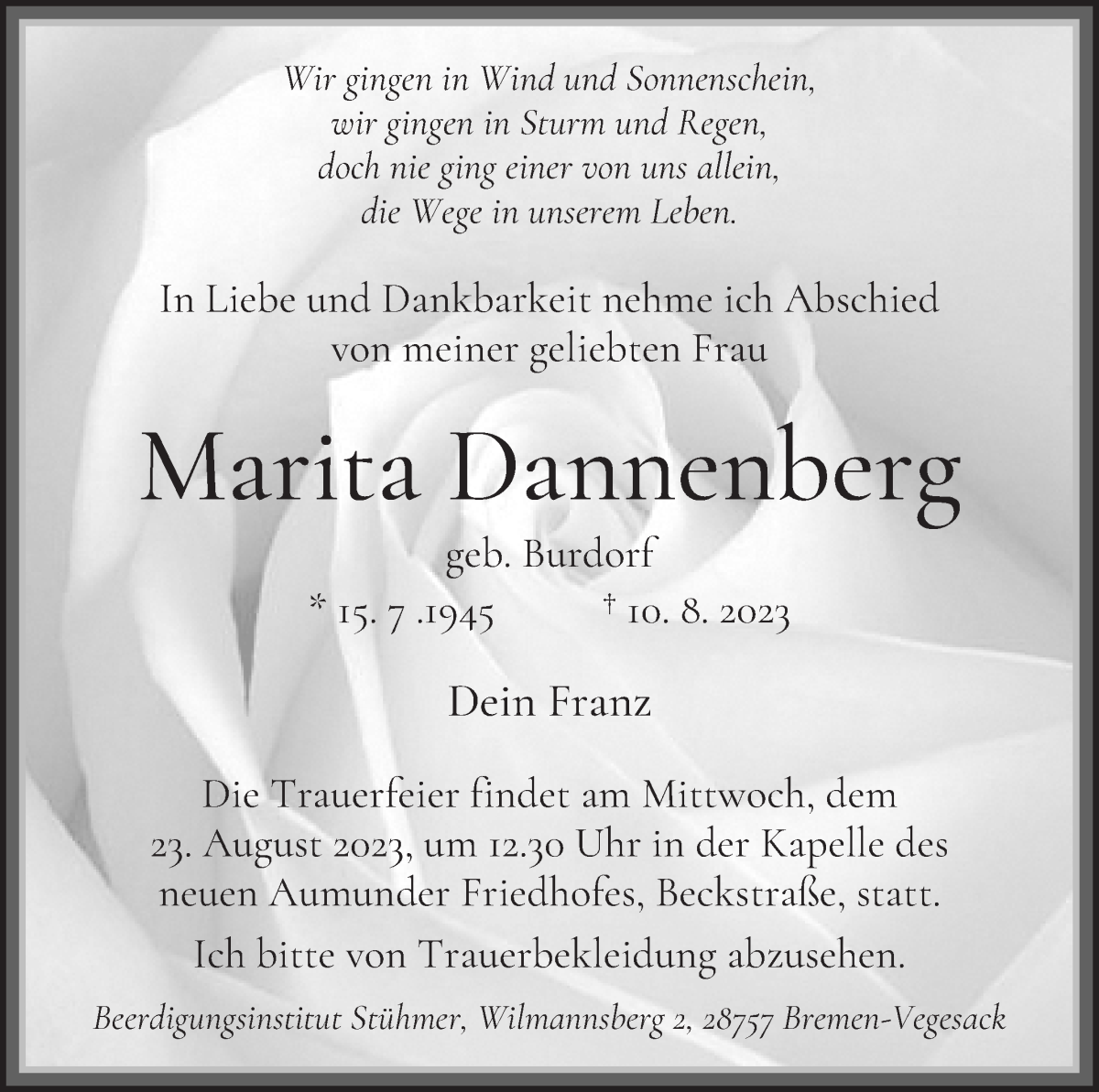 Traueranzeige von Marita Dannenberg von Die Norddeutsche
