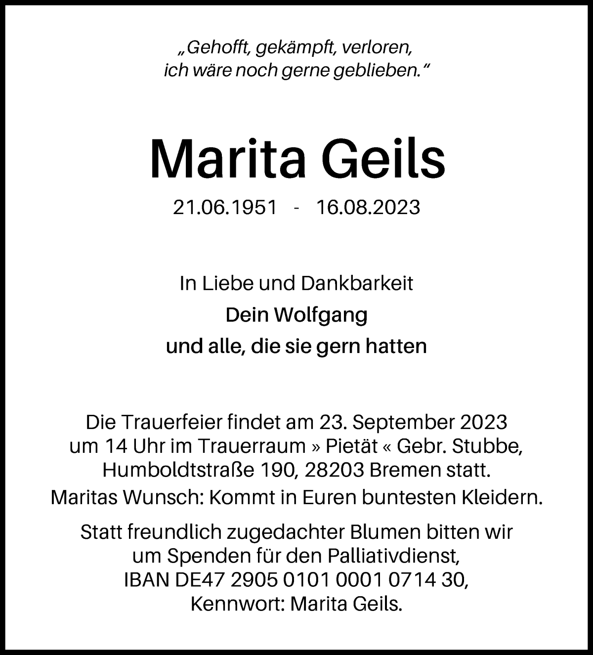 Traueranzeige von Marita Geils von WESER-KURIER