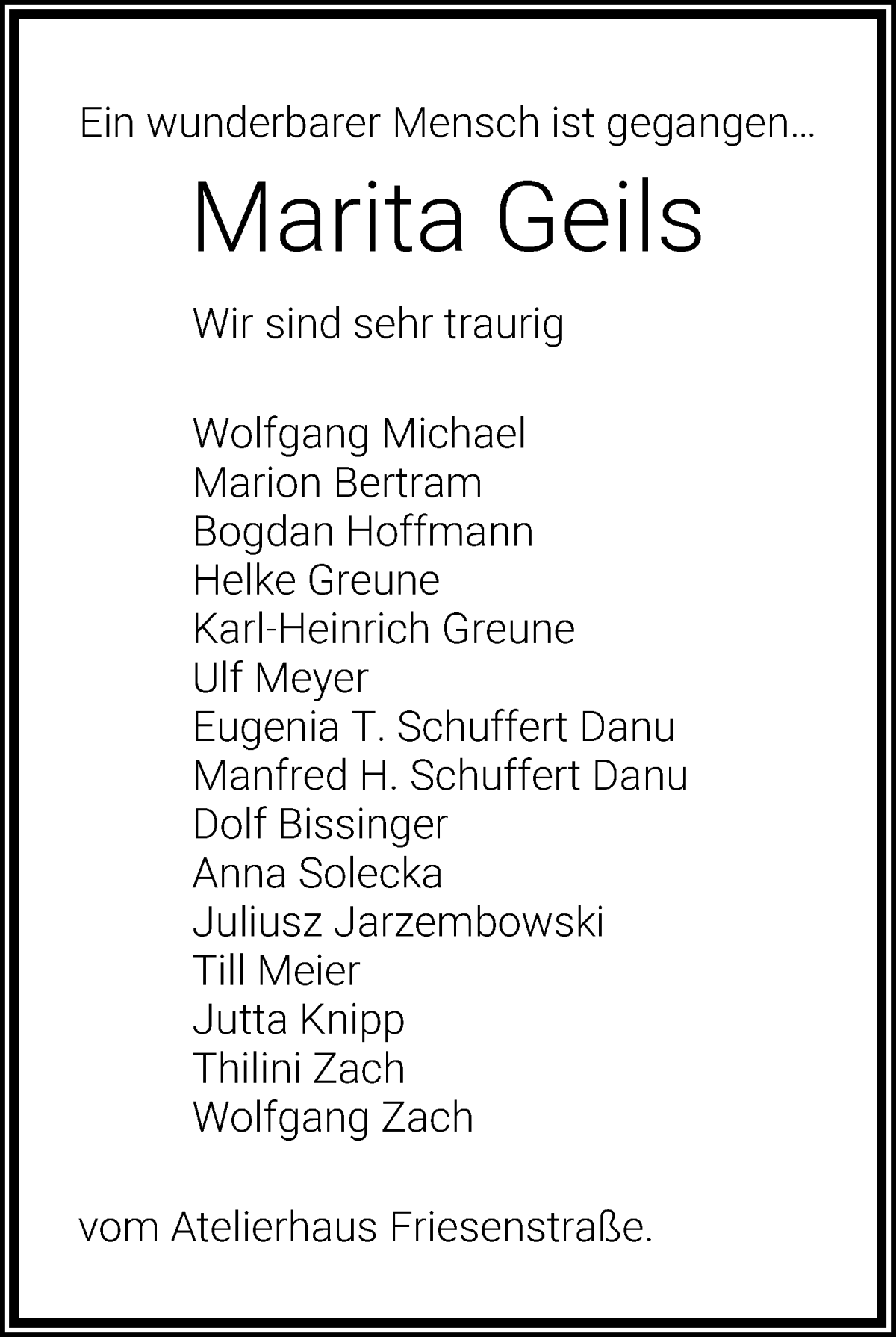 Traueranzeige von Marita Geils von WESER-KURIER