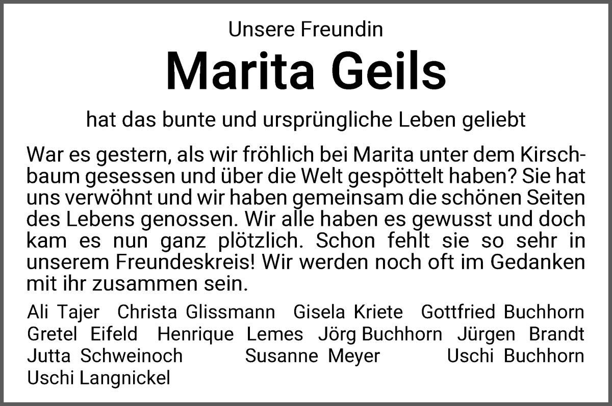 Traueranzeige von Marita Geils von WESER-KURIER