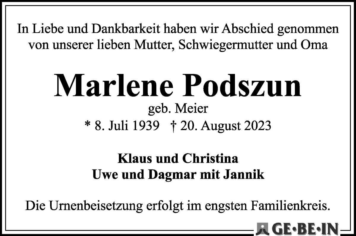 Traueranzeige von Marlene Podszun von WESER-KURIER